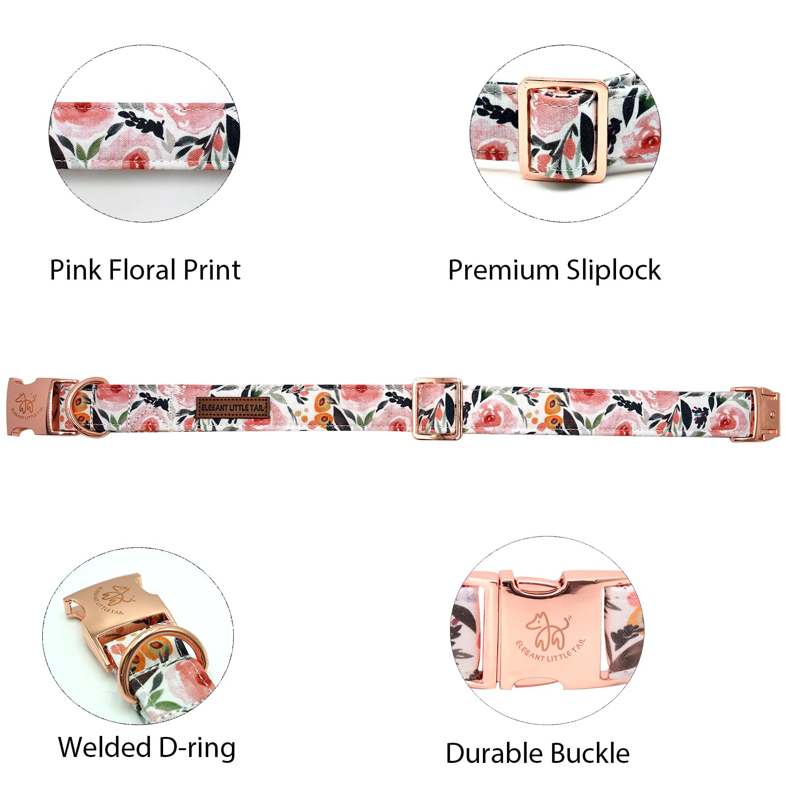 Elegant Little Tail Dog Collar, Pink Floral Pattern Pet Collar Summer Durable Cute Dog Collars Male Or Female Pet Gift Adjustabl