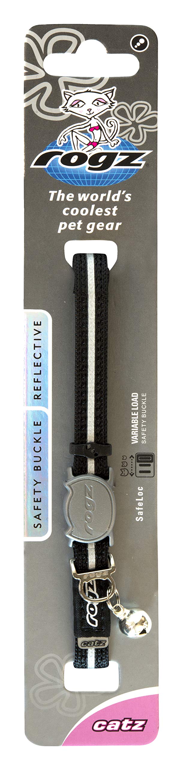 Rogz Reflective Nylon Cat Collar, Breakaway Clip & Bell, Adjustable 3/8" Small, Black, Model CB16-A