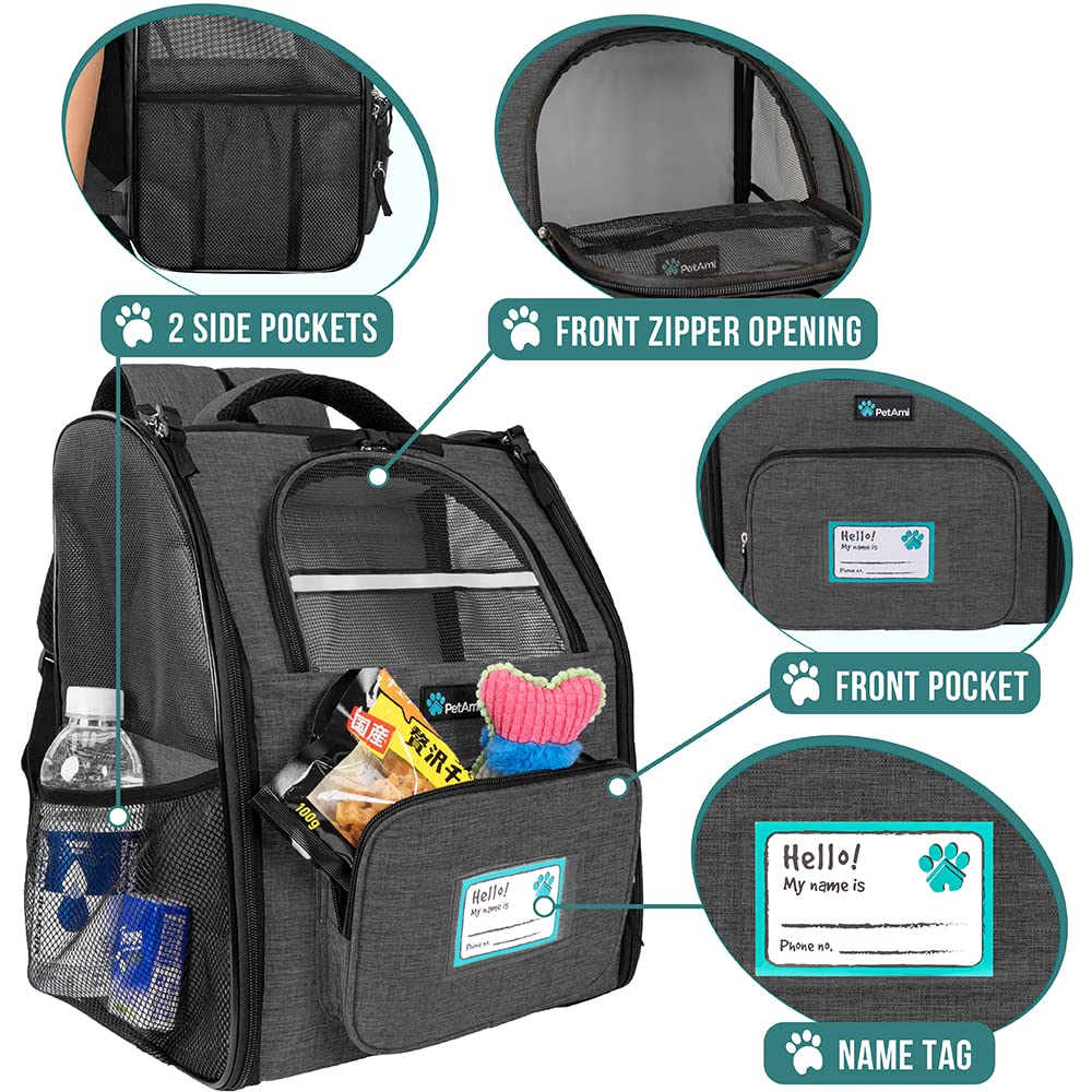 Petami Dog Backpack Carrier For Small Large Cat, Pet, Puppy, Ventilated Pet Hiking Backpack Travel Bag, Airline Approved Cat Backpack Carrier, Camping Biking Dog Bag Up To 18Lbs Pet, Charcoal