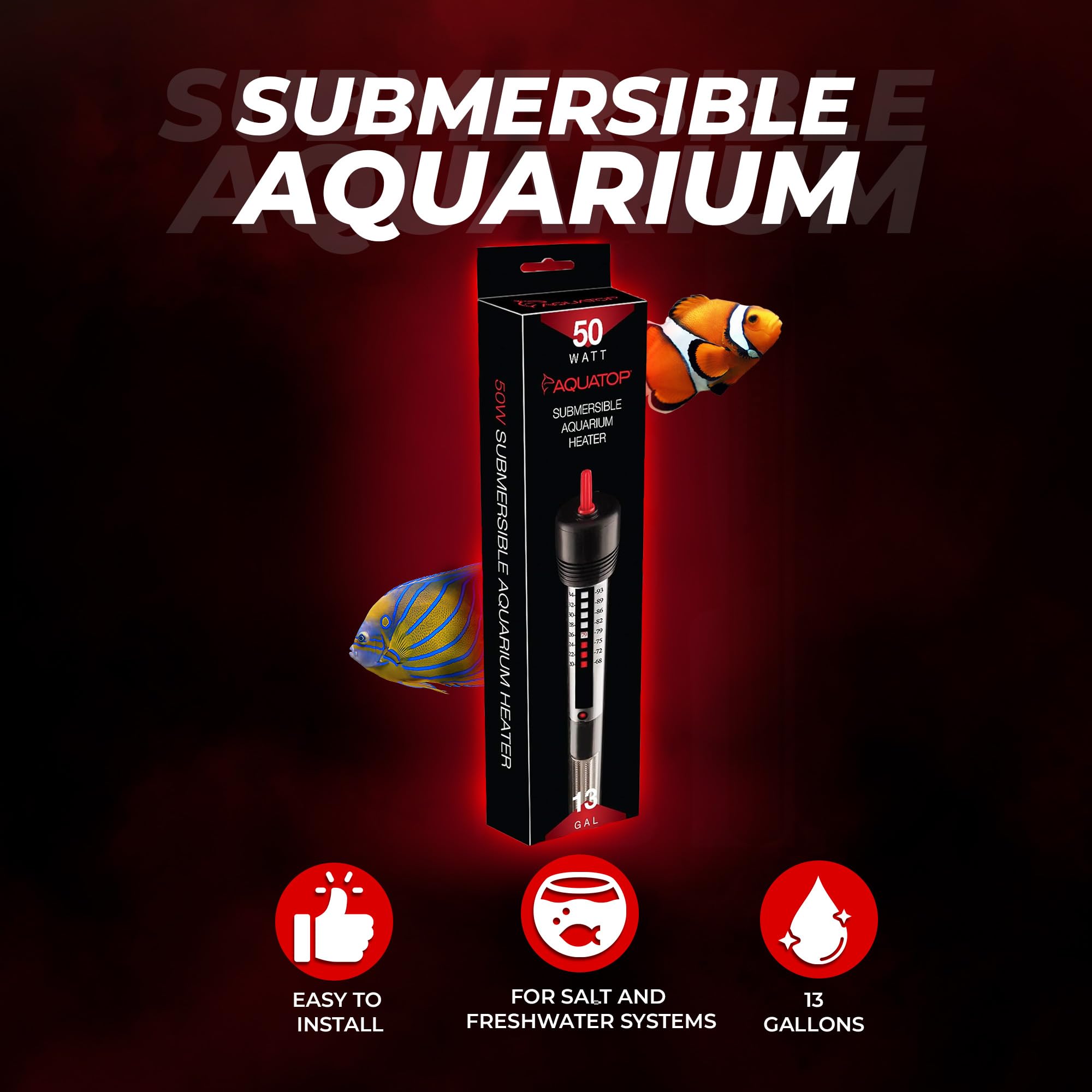 Aquatop 50W Aquarium Submersible Glass Heater – Adjustable Temperature 68-93°F – Fish Tanks Up To 13 Gal – For Freshwater & Saltwater Use – Gh-50