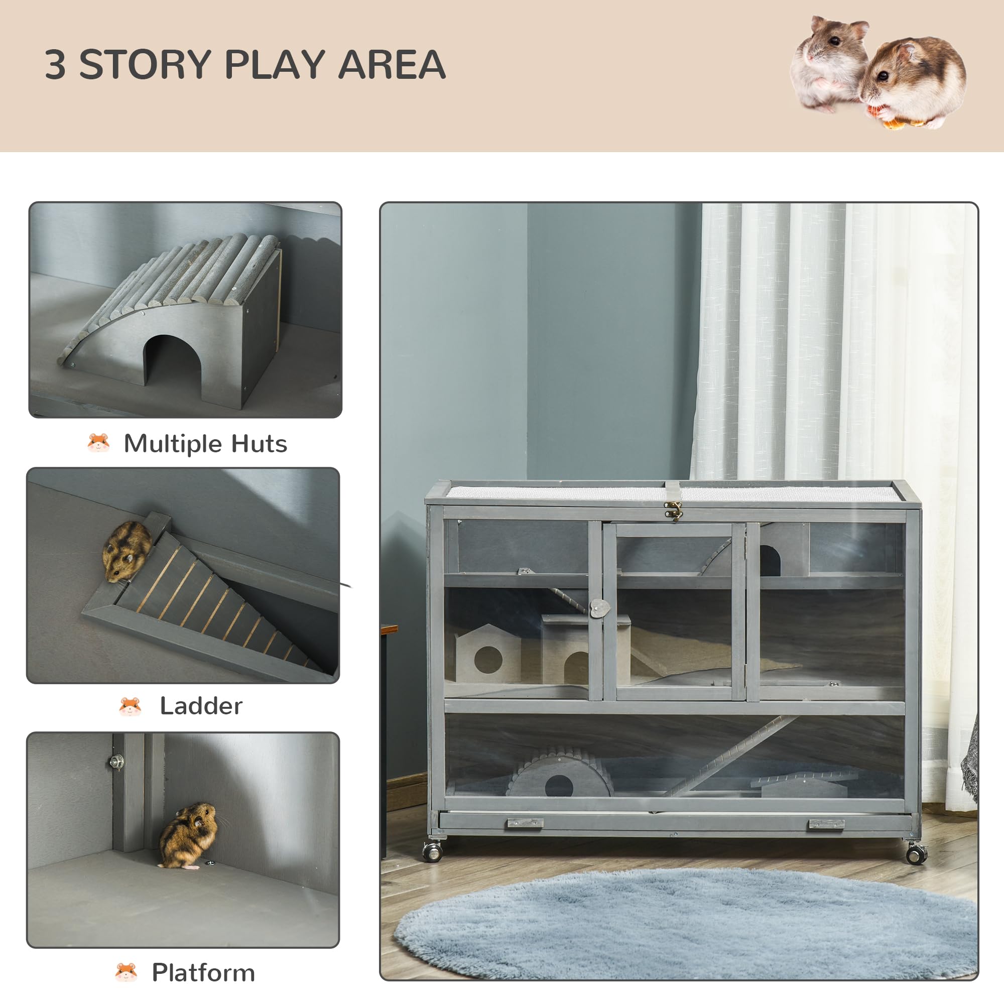 Pawhut Wooden Large Hamster Cage With Seesaw And Wheels, Small Animal Cage And Habitat, 3-Tier Hamster Habitat With Ladder, Dark