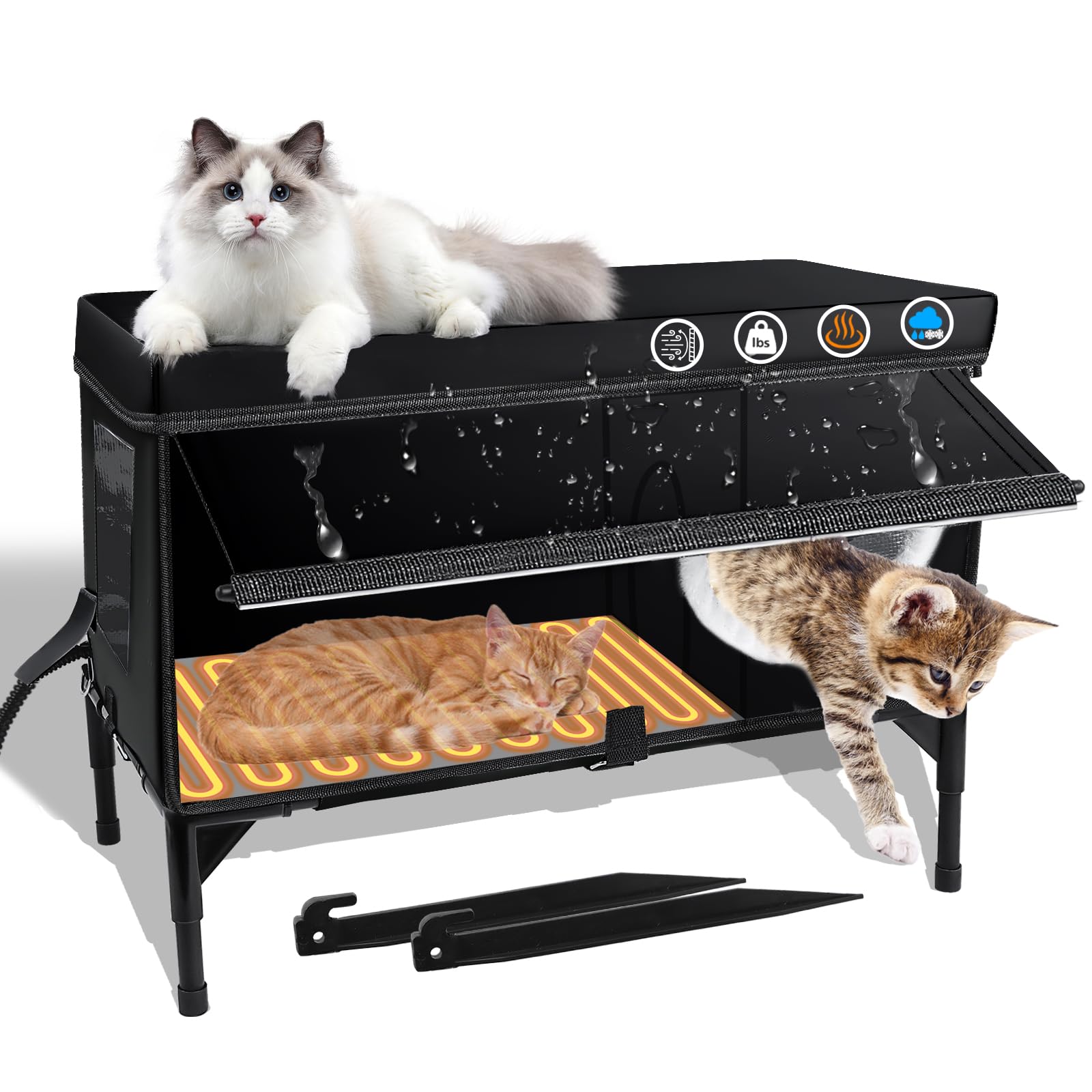 Outdoor Heated Cat House Weatherproof With Heating Pad, Insulated Heated Cat House For Outside, Feral Cat Houses For Outdoor Cat