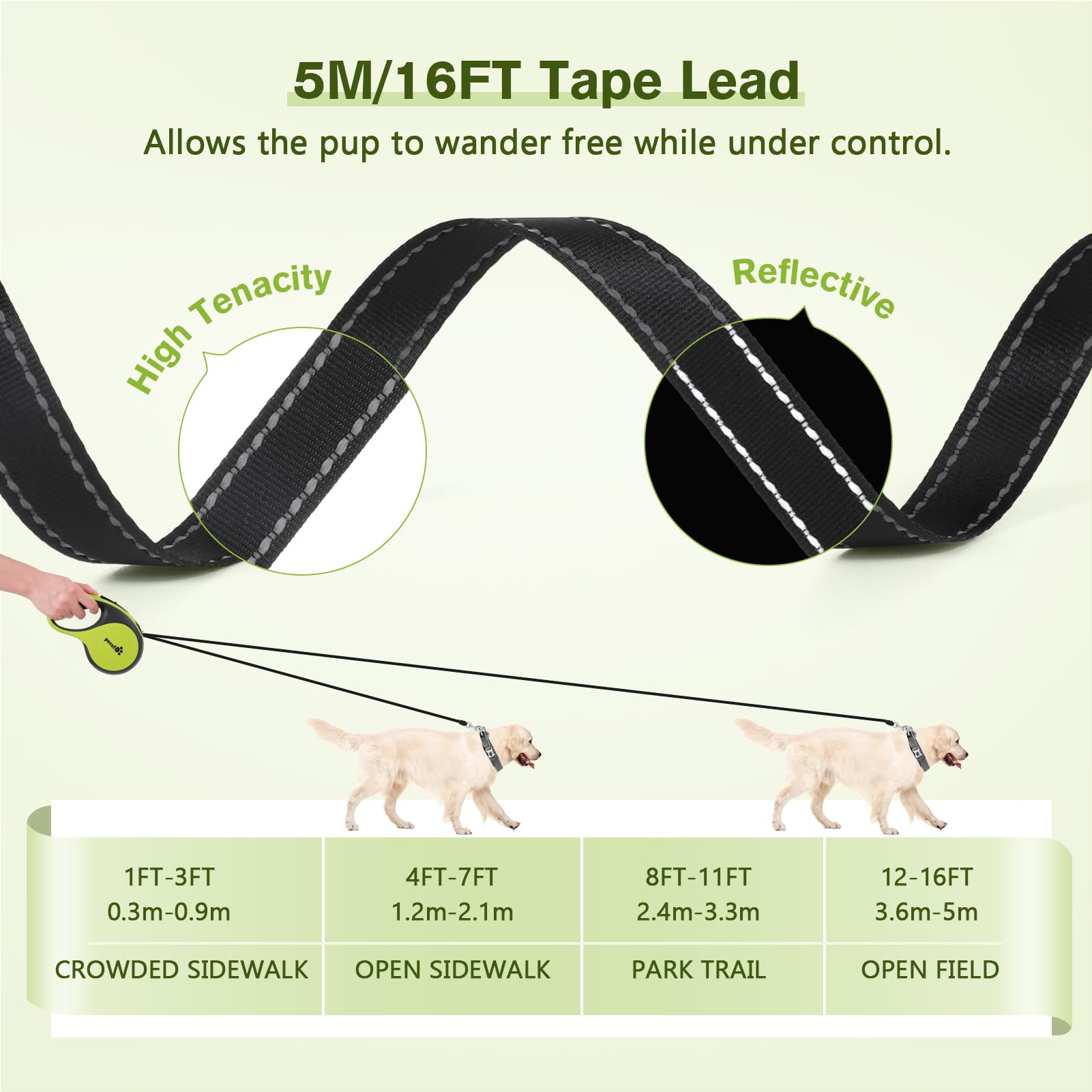 Pecute 16 ft Heavy Duty Retractable Dog Leash, Large, Nylon, Green with LED Light, Model PRL-L5M01, 360° Tangle-Free, Up to 110