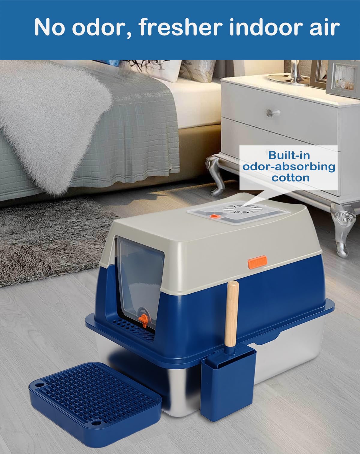 Xl Stainless Steel Enclosed Litter Box With Covered For Indoor Cats, High Sides, Eliminates Odors, Easy Clean, Blue, Foxoru