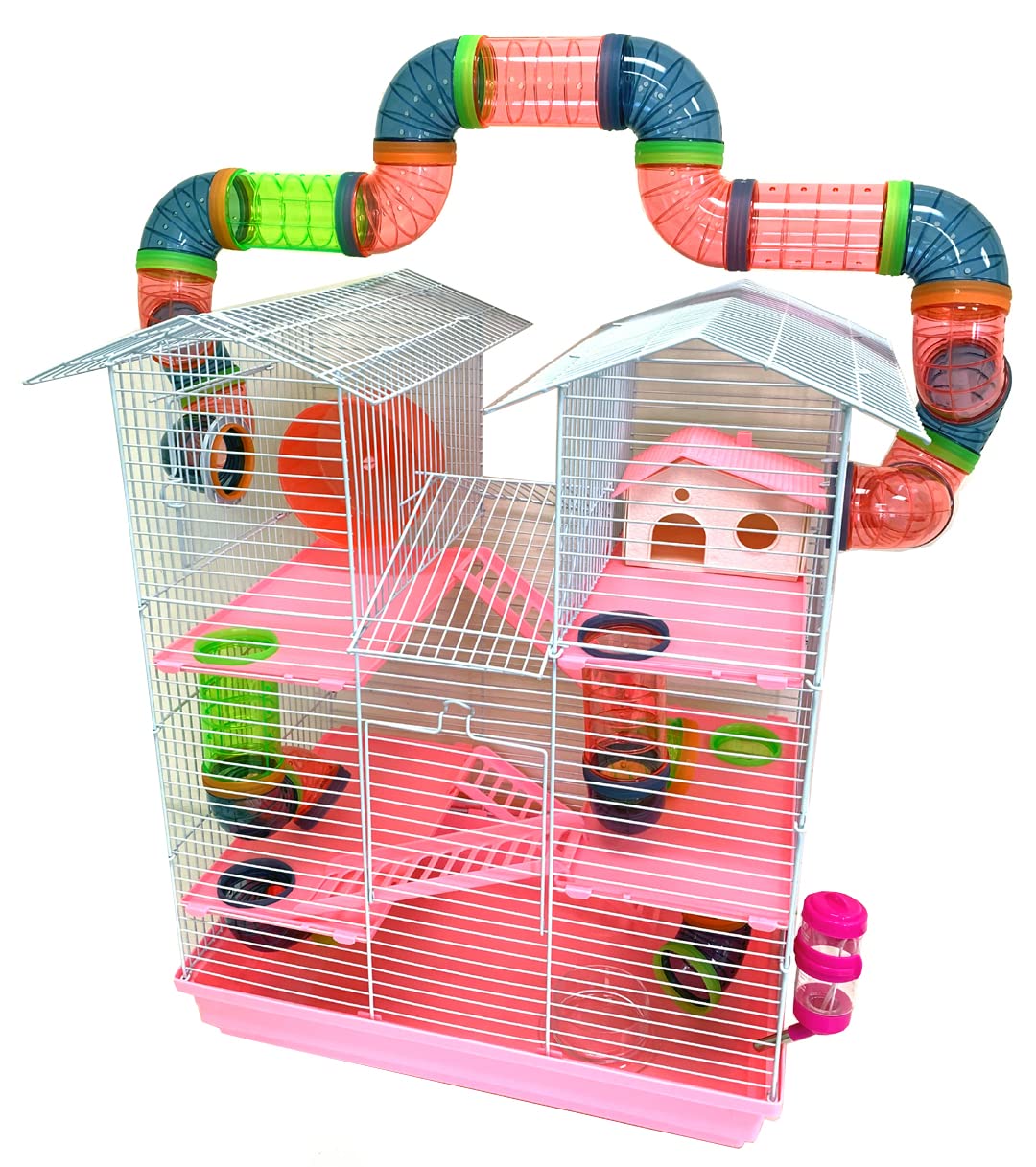Pink Large Twin Tower Habitat Hamster Home Rodent Gerbil Mouse Mice Rat Wire Animal Cage Long Crossover Tube Expandable And Cust