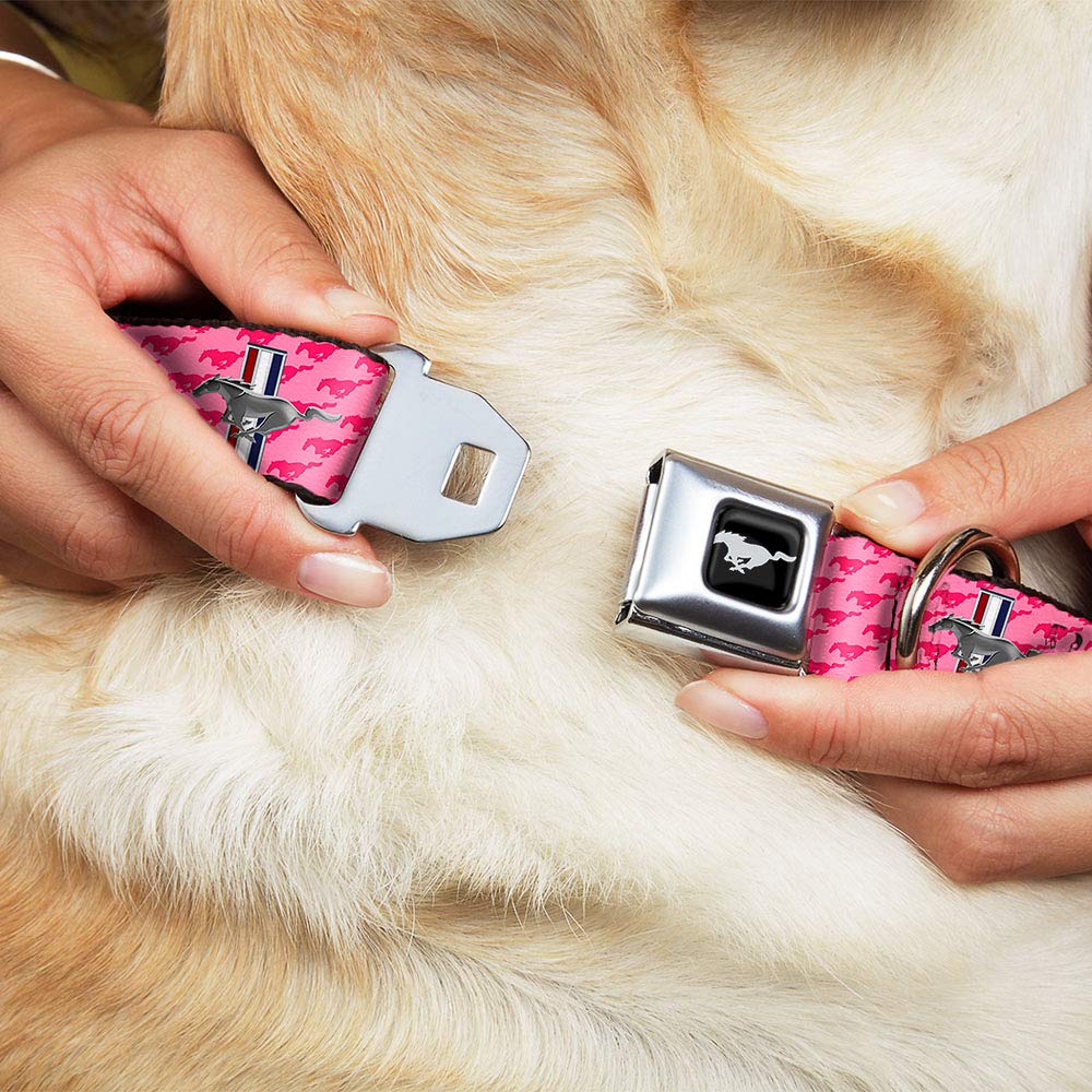 Buckle-Down Dog Collar Seatbelt Buckle Ford Mustang Bars Text Pink Logo Repeat 9 To 15 Inches 1.0 Inch Wide