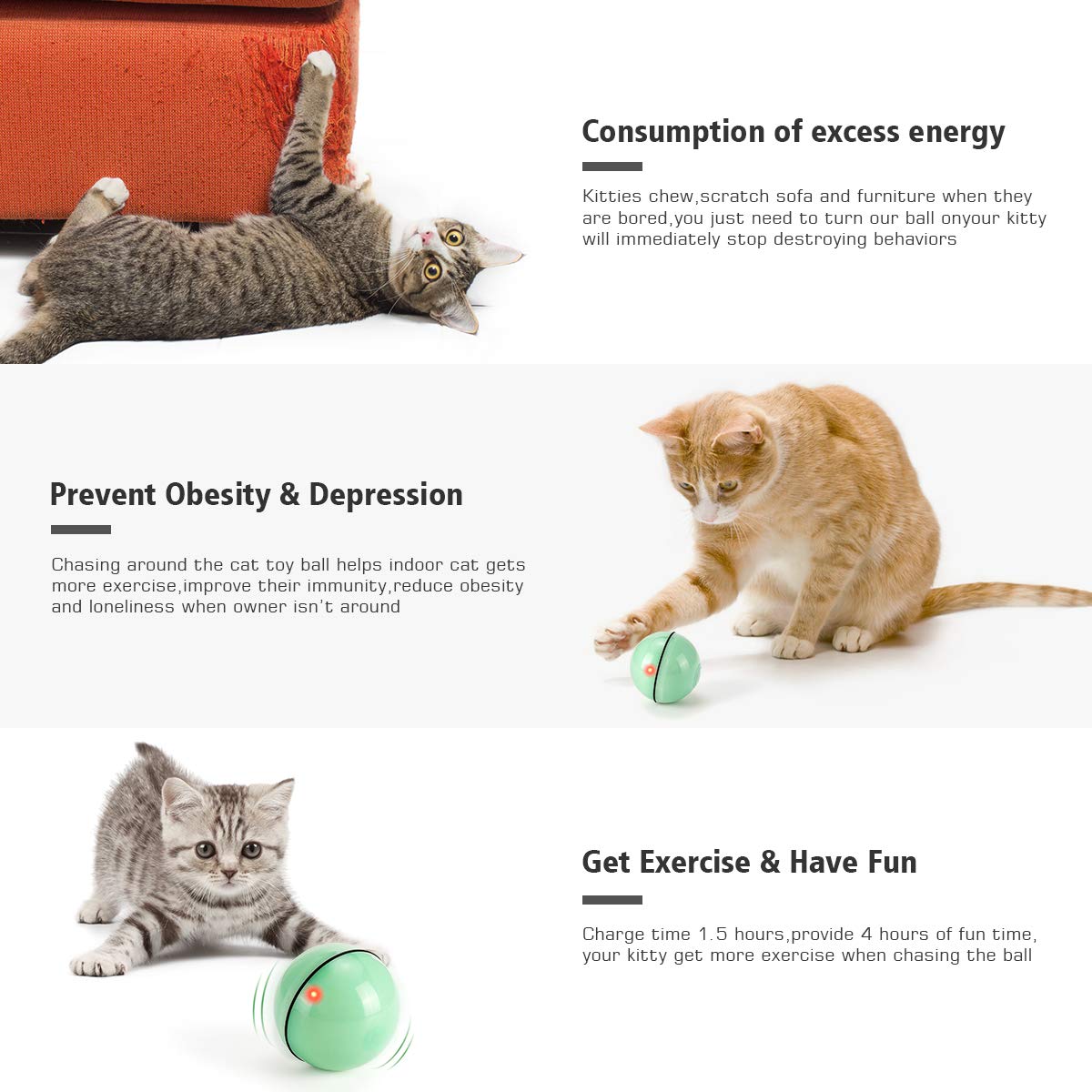 Wwvvpet Interactive Cat Toys Ball With Led Light, 360 Degree Self Auto Rotating Smart Ball, Usb Rechargeable Spinning Cat Ball T