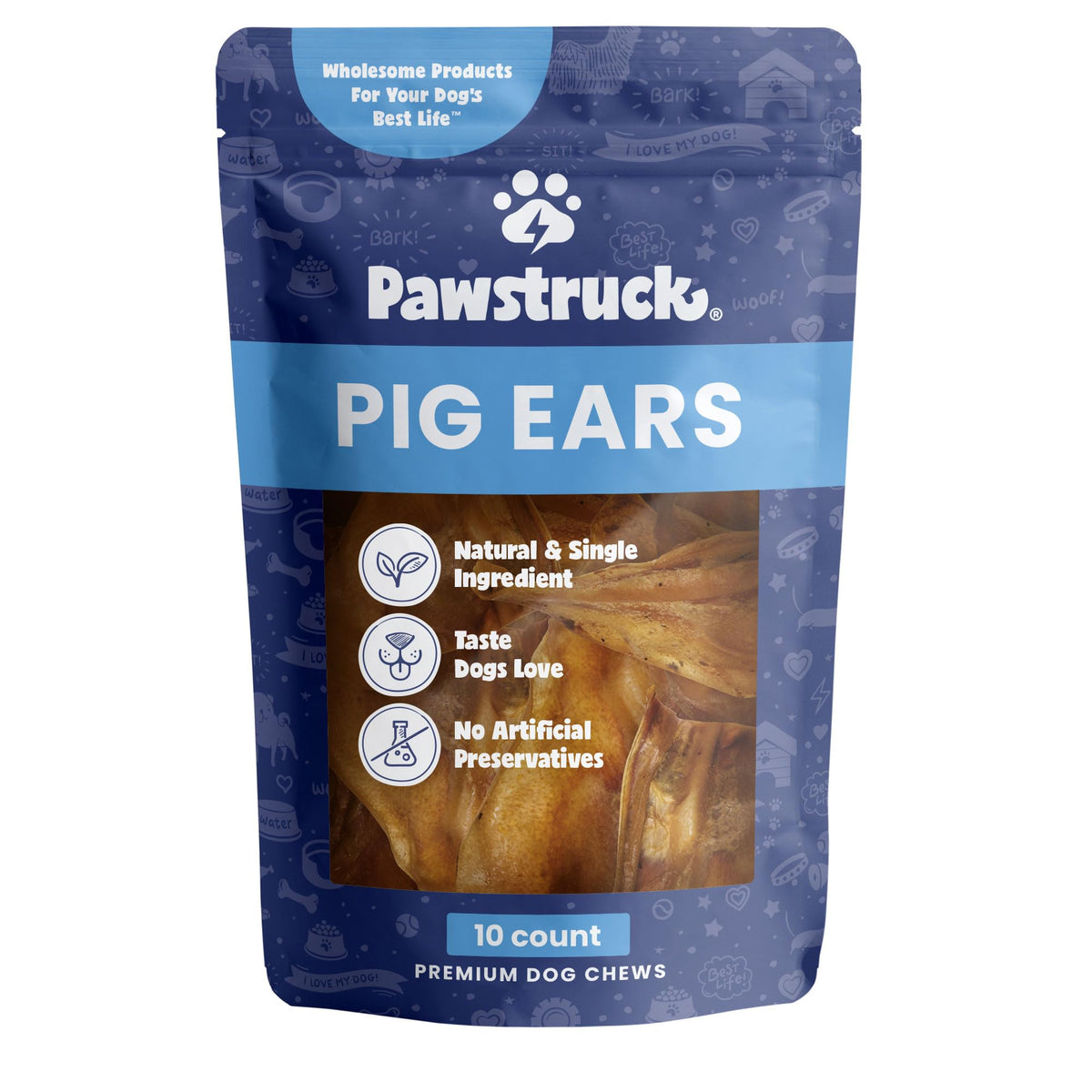 Pawstruck Natural Slow Roasted Pig Ears For Dogs - Tasty Single Ingredient Pork Chew Treats No Artificial Preservatives - Rawhide Alternative Supports Dental Health - 10 Count - Packaging May Vary