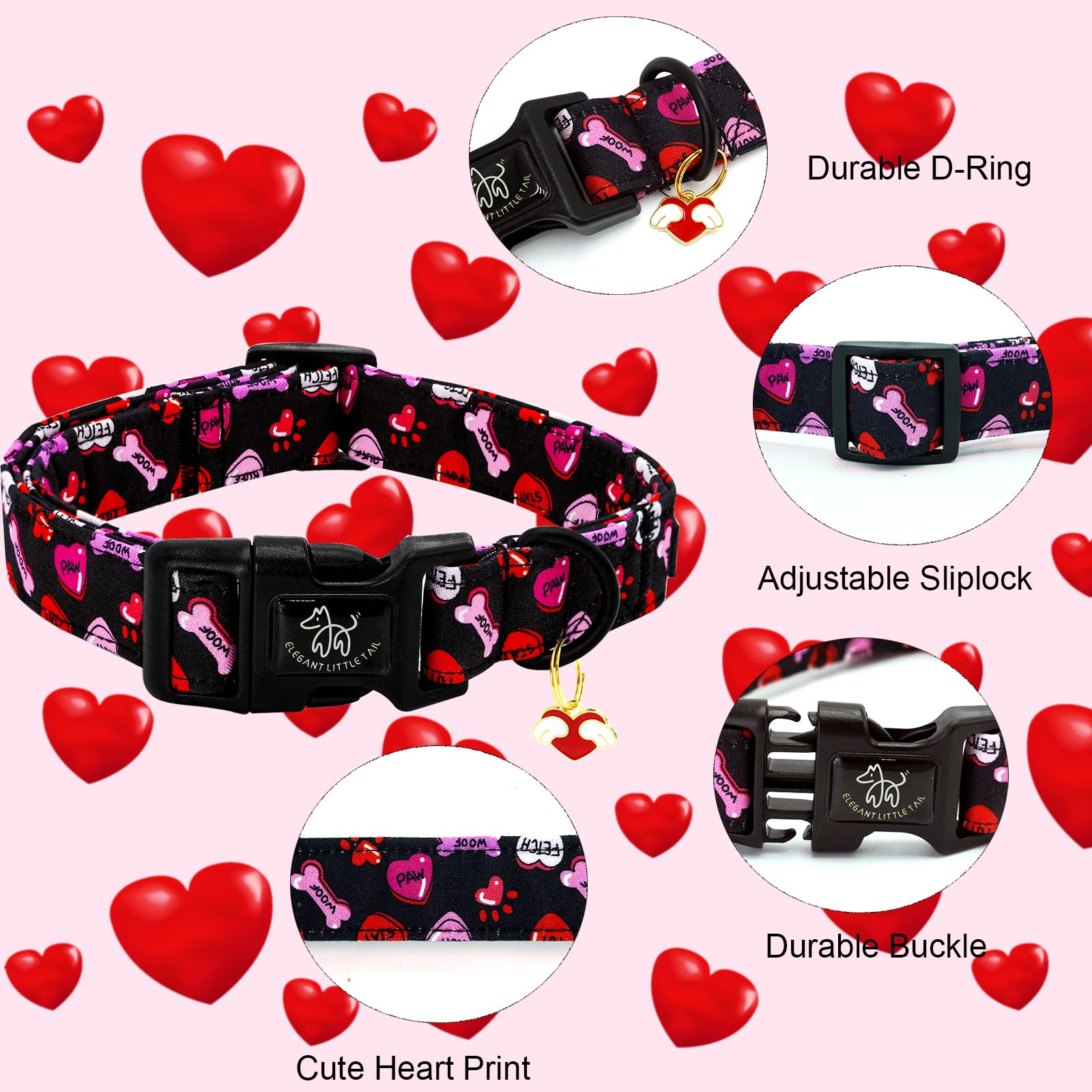Elegant Little Tail Valentine'S Dog Collar, Red Heart Dog Collars Female Or Male Adjustable Cotton Pet Collar With Quick Release