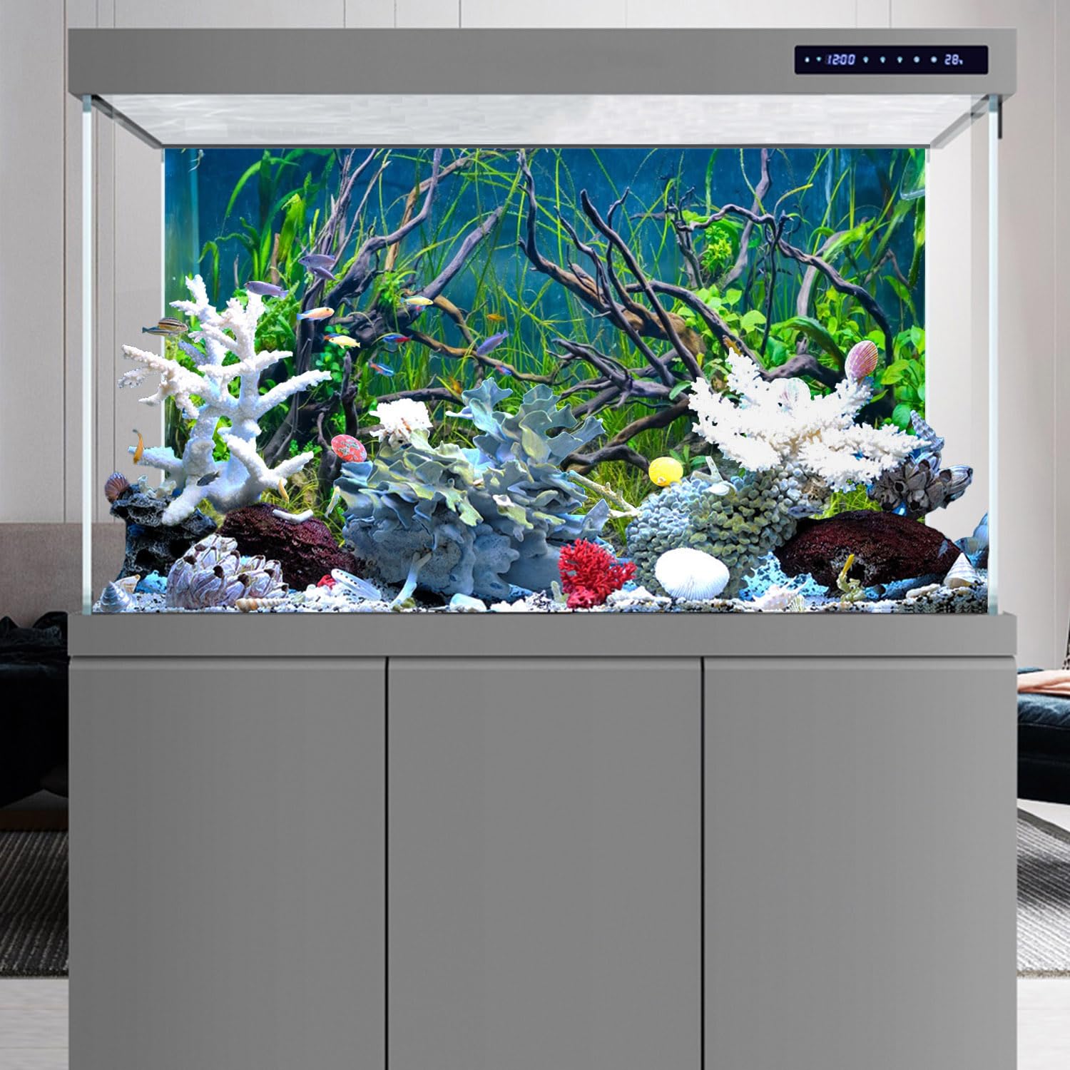 Awert 48X18 Inches Tropical Fish Tank Background River Bed & Lake Aquatic Plant Undersea Tree Branch Aquarium Background Vinyl