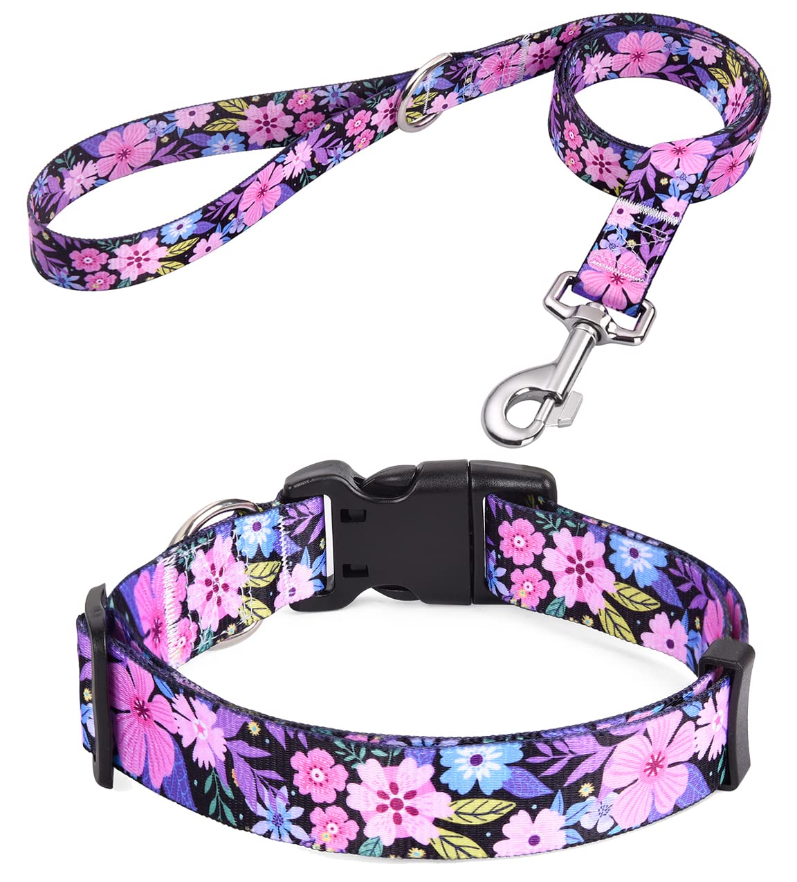 Hqyddmi Dog Collar And Leash Set For Large Dogs, With Floral Print, Soft Comfortable Adjustable Collar For Small Medium Large Dogs, Floral Pattern For Girl Boy Dogs(Floral Pink Set,L)