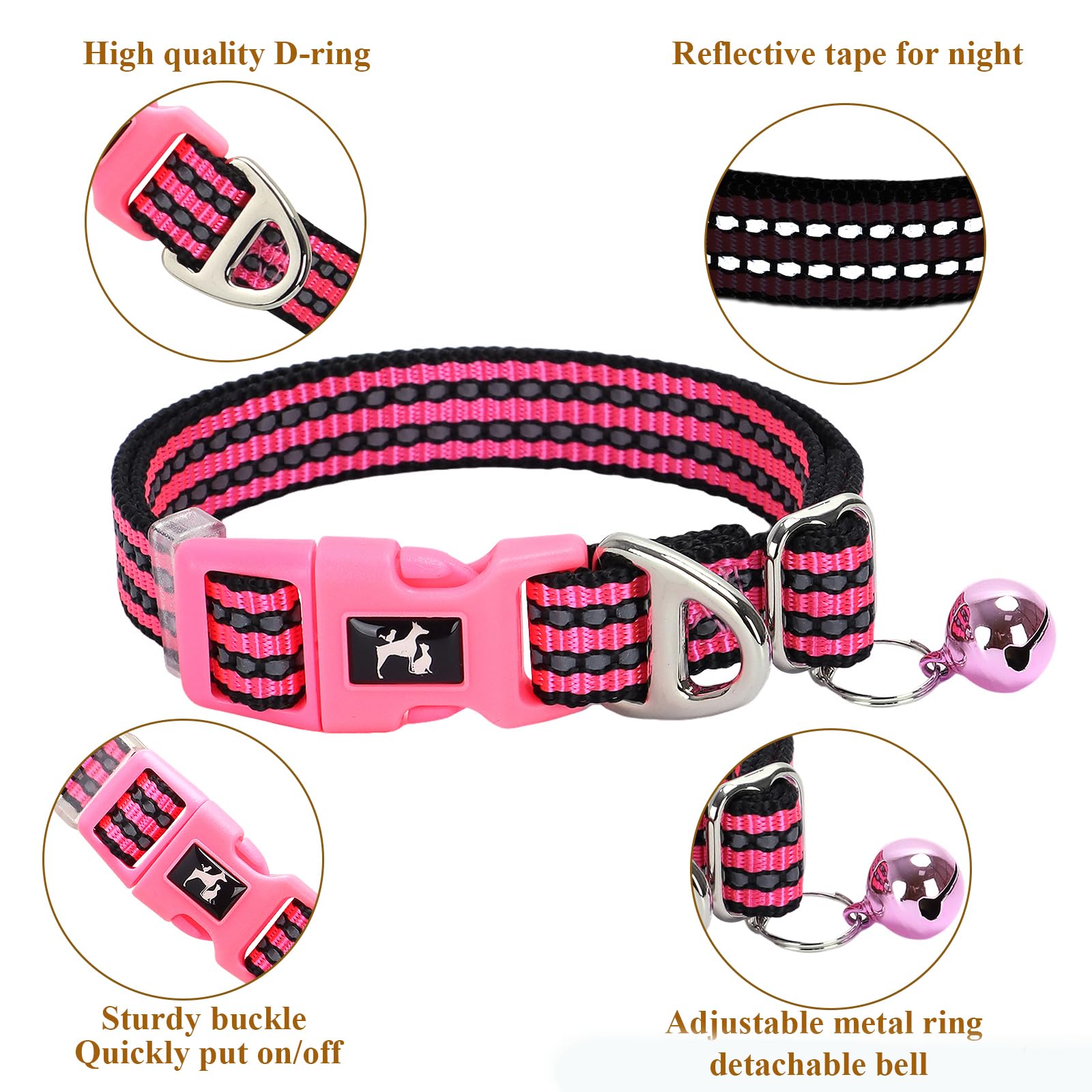 Onefojojo Small Dog Collar With Bell Reflective - Adjustable Tiny Xs Xxs Breed Collar For Girl Female,Night Walk Safety Accessor