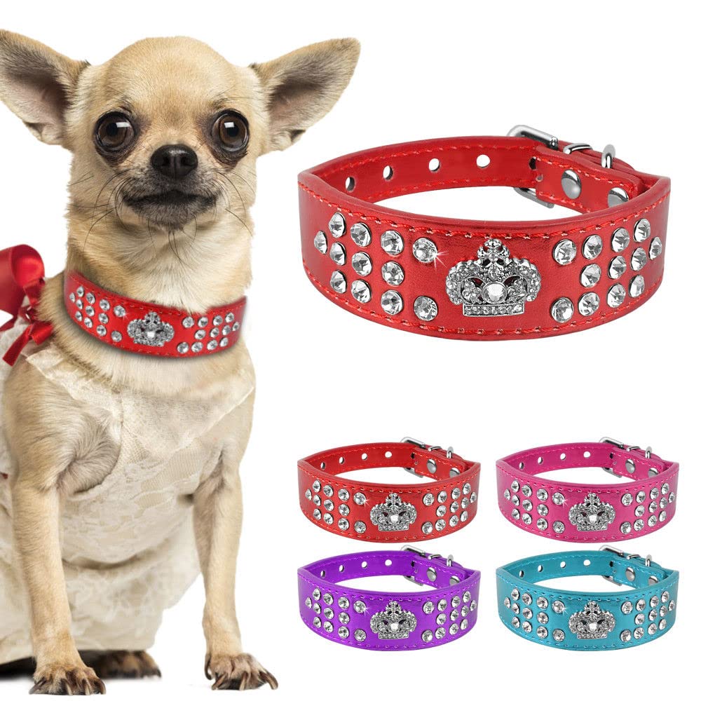 Rhinestone Dog Collar, Crown Rhinestone Diamante Jewelry Crystal Adjustable Pu Leather Pet Dog Cat Puppy Collar (M:10-12.5', Re