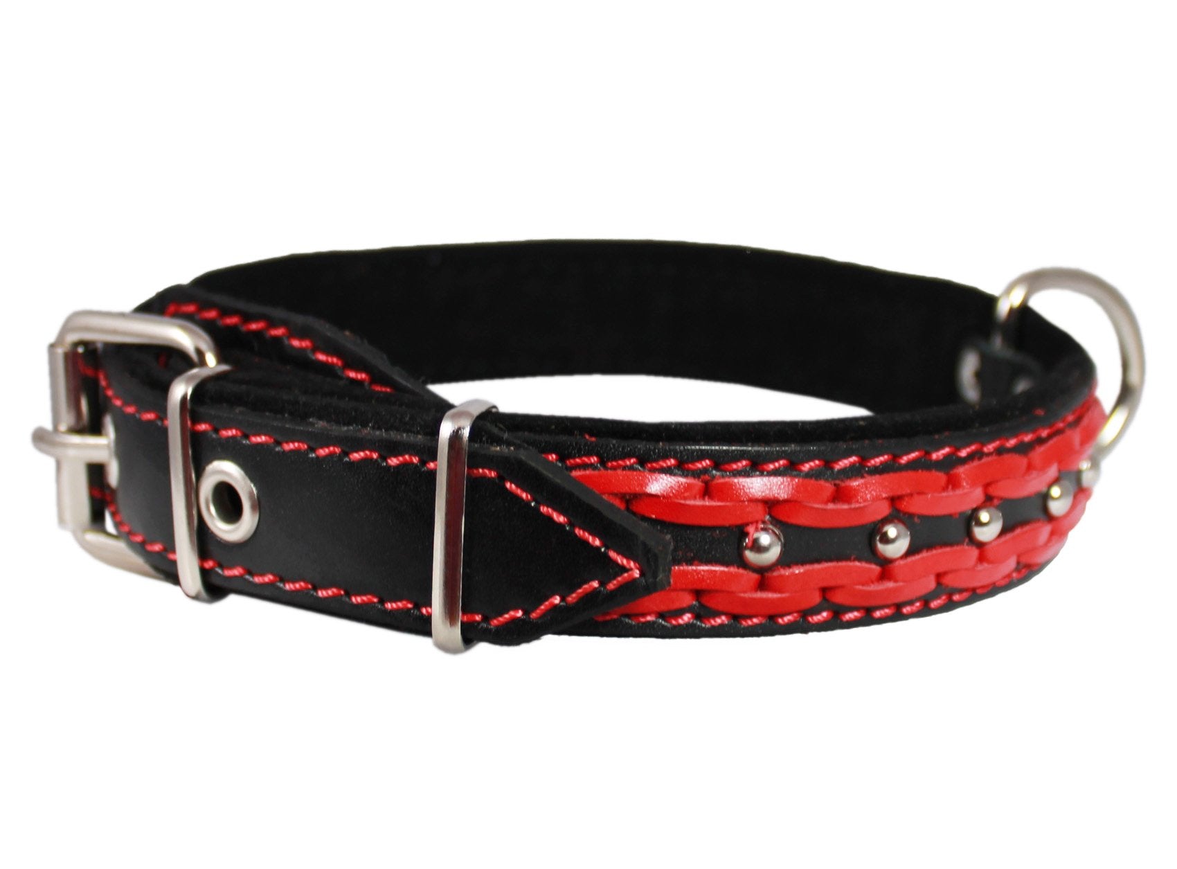 Genuine Leather Braided Studded Dog Collar,Red On Black 1.25' Wide. Fits 16'-20.5' Neck.