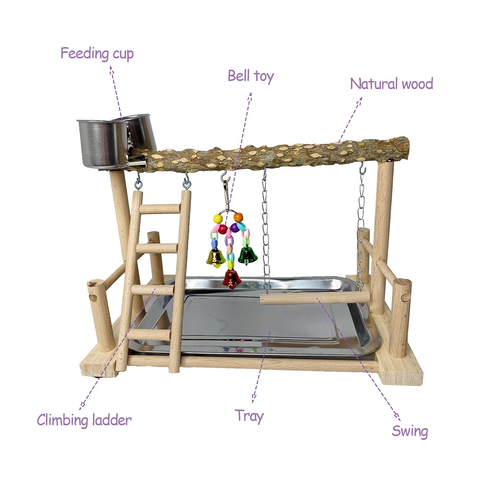 Kathson Parrots Playground Bird Perch Wood Playstand Stand With Ladder Swing Feeder Cups Chew Toy For Parakeet Conure Cockatiel Budgie Lovebird Finch Small Birds
