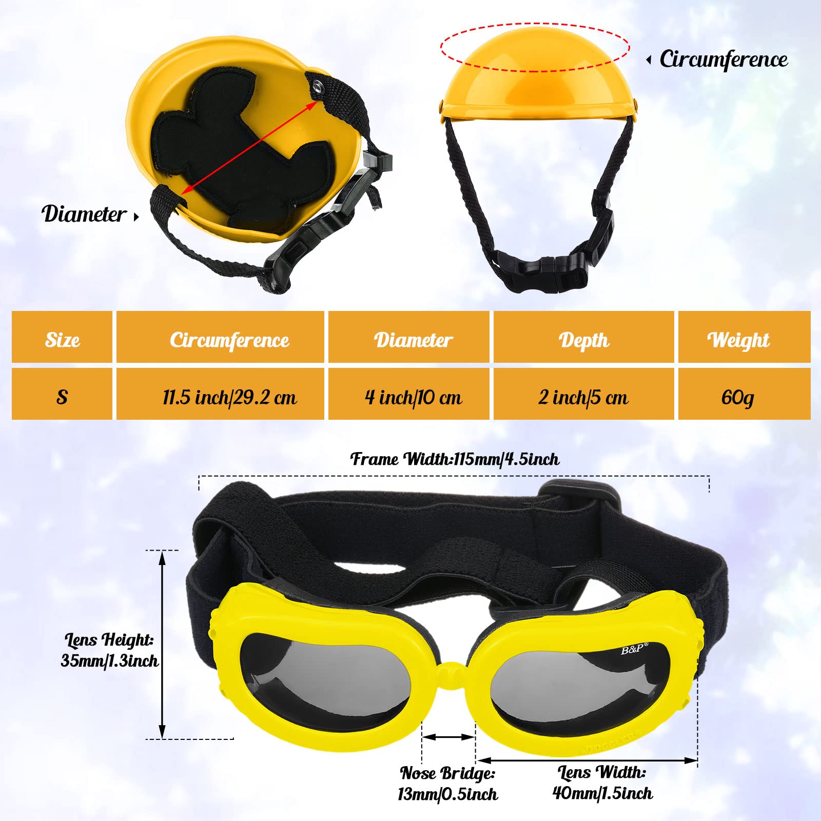 Pet Dog Helmet And Dog Goggles Set 4 Inch Padded Pet Motorcycle Helmet Dog Sunglasses Safety Pet Cap Dog Hard Hat Adorable Puppy Goggles With Adjustable Belt For Small Dog Riding,S Size (Yellow)