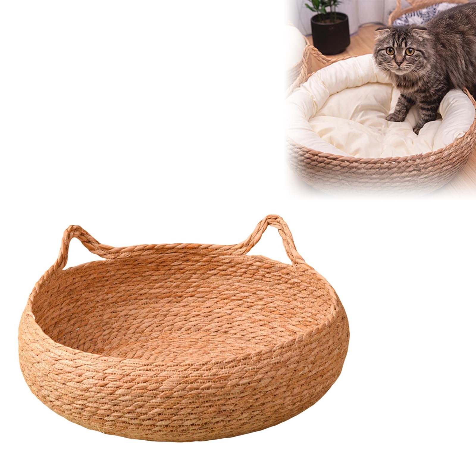 Woven Straw Cat Nest - Handmade Wicker Pet Bed For Cats & Dogs | Rattan Basket With Durable, Cool & Furniture Protective Design 