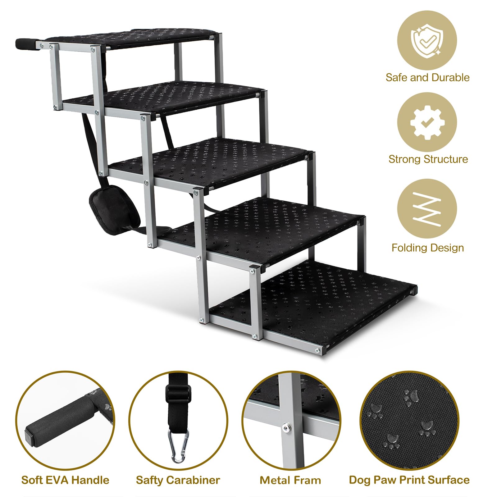 Heeyoo Extra Wide Dog Stairs for Car - Foldable, Non-Slip, Portable Steps for SUVs/Trucks, Supports Up to 250 Lbs, Silver, 5 Steps
