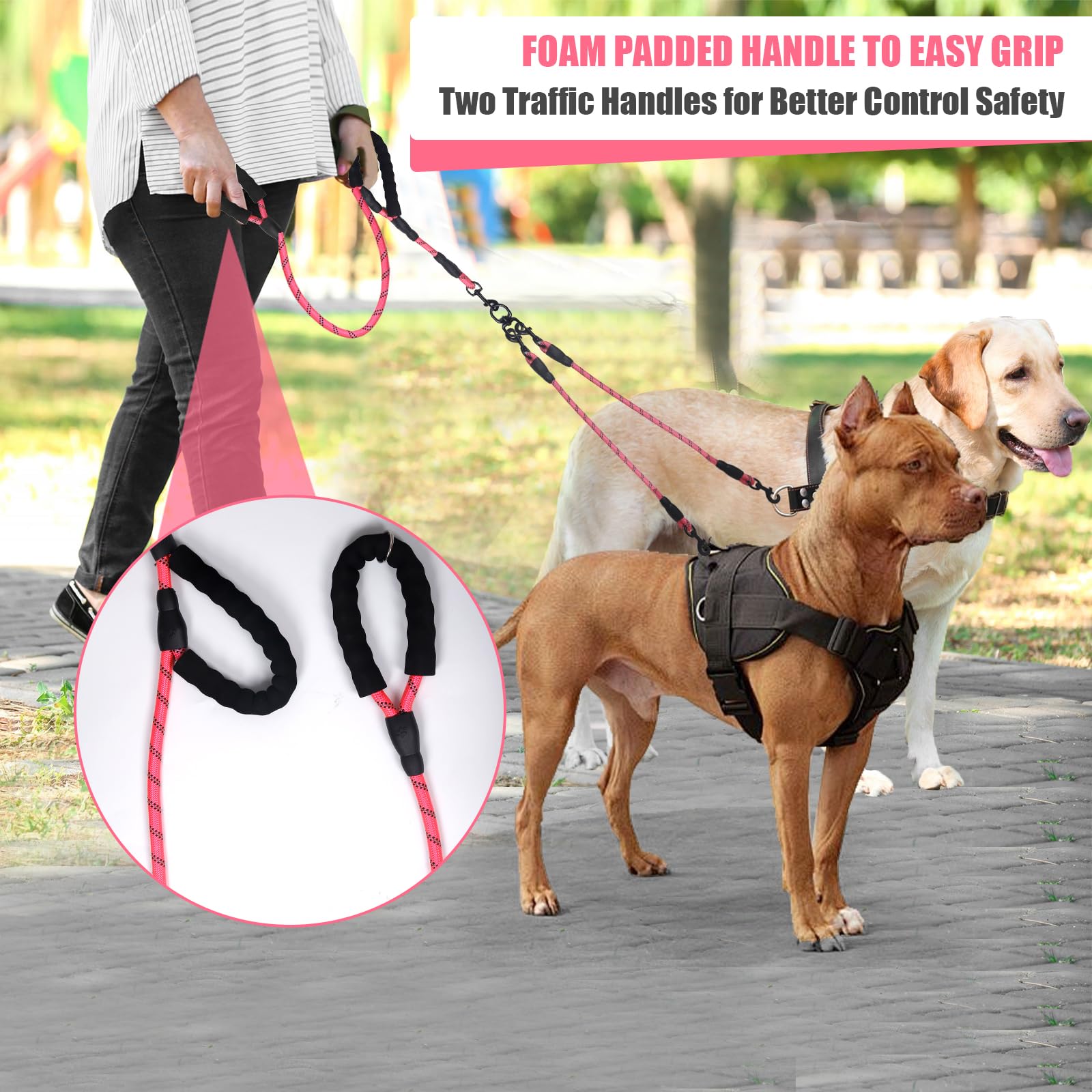 Exceptional 360 Anti-Tangle & No Pull Dual Dog Leash - Double Handle & Reflective For Small & Medium Dogs (Pink, 2 Way)