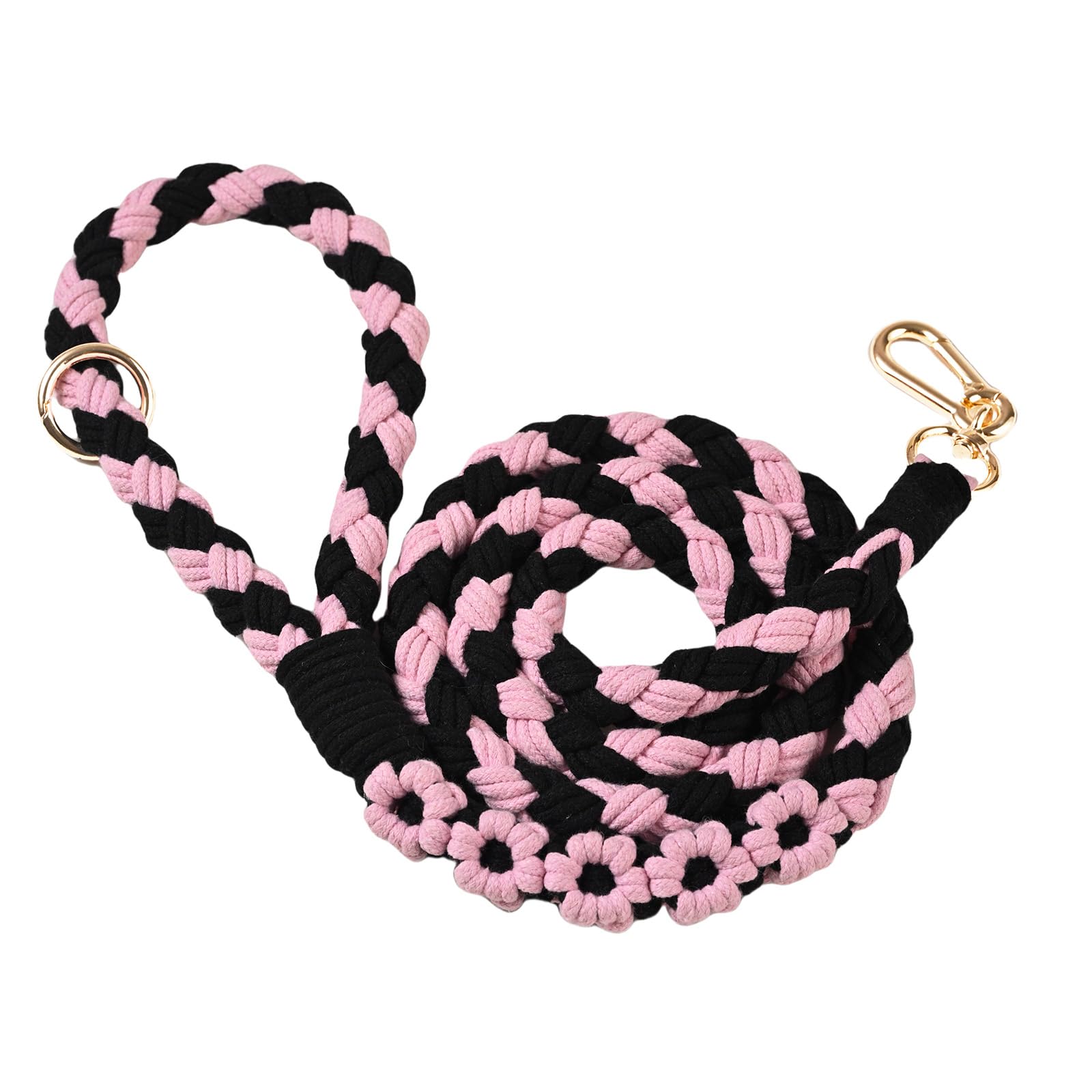 Handmade 5Ft Braided Cotton Dog Leash With Unique Floral Handle, Durable And Stylish, Ideal For Small To Large Dogs, Black & Pin