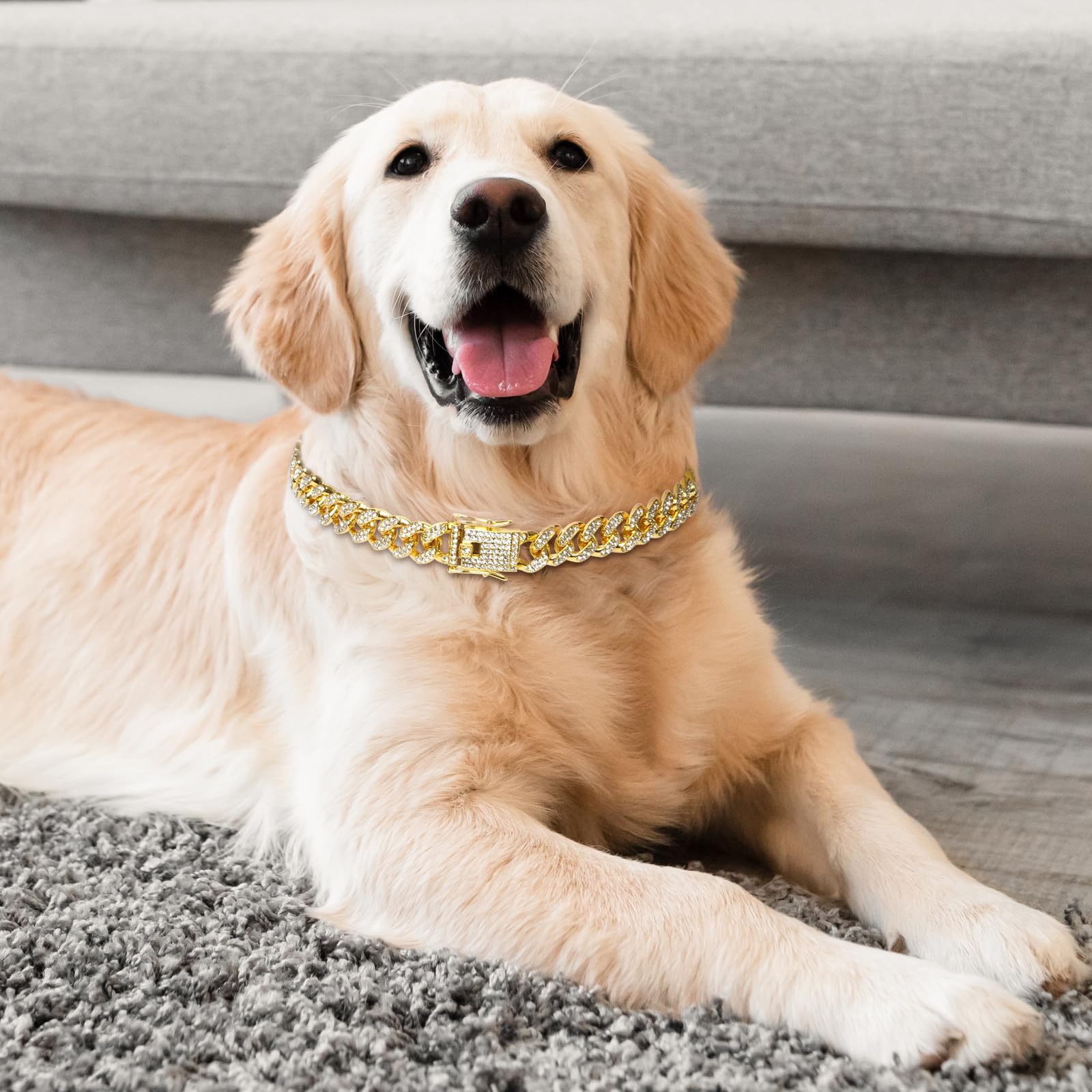 Cuban Link Dog Collar Gold Crystal Dog Necklace Metal Chain Collar With Design Secure Buckle Pet Collar Jewelry Accessories For