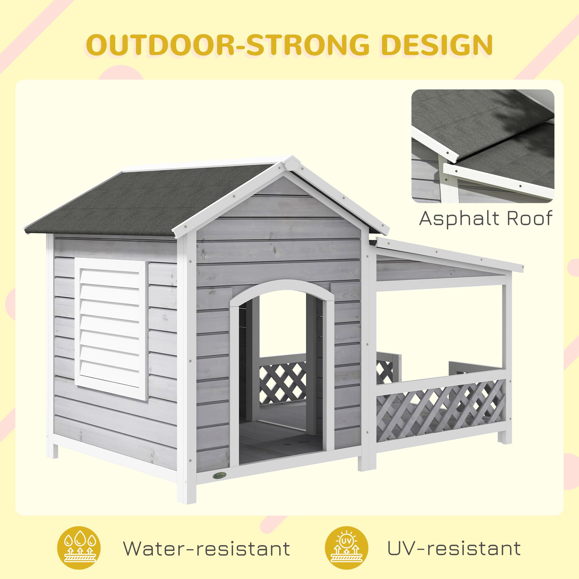 Pawhut Wooden Dog House Outdoor With Porch, Cabin Style Raised Dog Shelter With Asphalt Roof, Doors, And Shutter Window, For Med