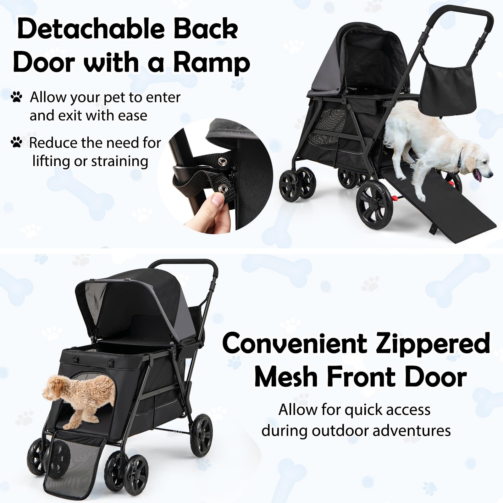 Giantex Dog Stroller With Low Entry & Ramp Access, Cat Stroller With Lockable & Shock-Absorbing All-Terrain Wheels, Folding Pet