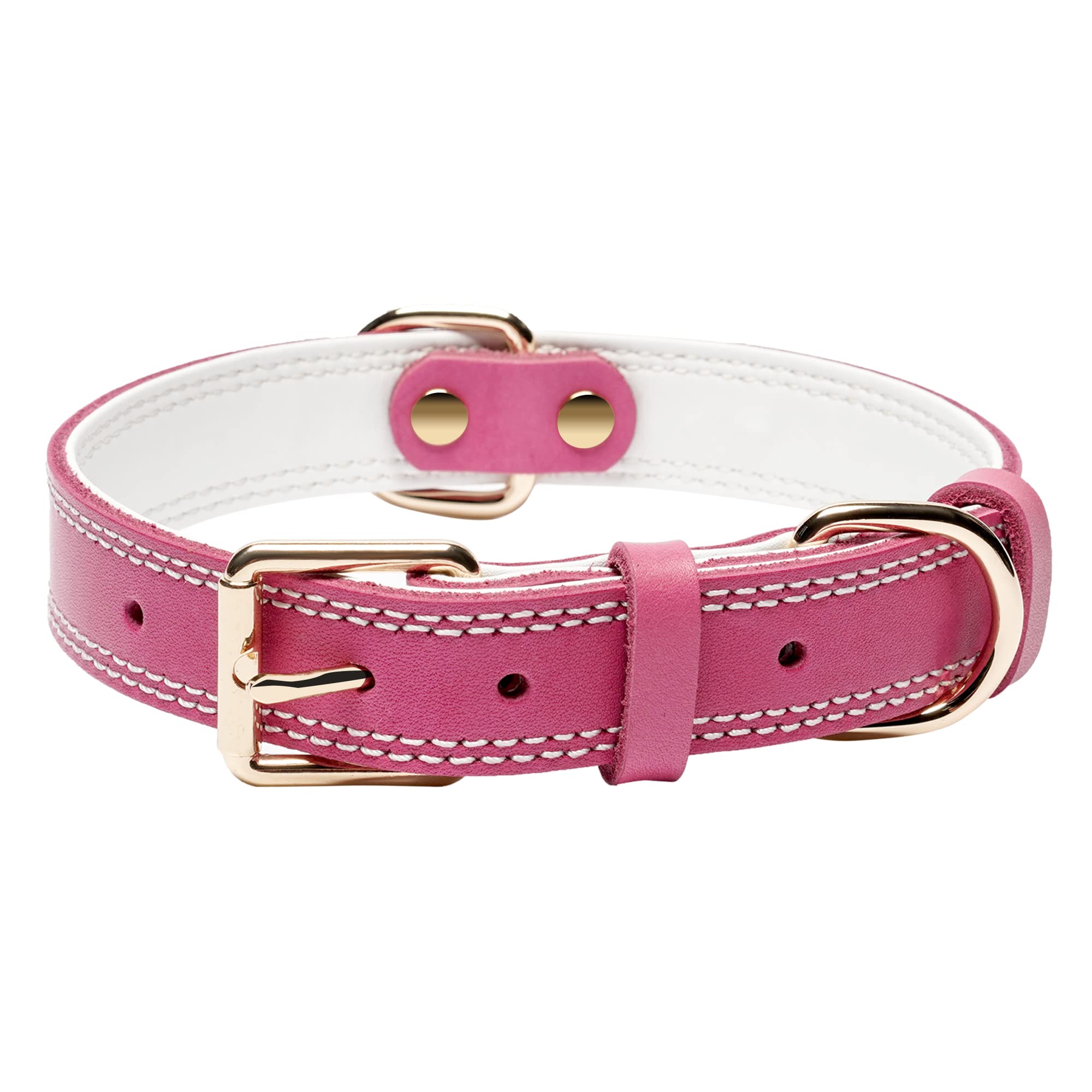 Daihaqiko Genuine Leather Dog Collar, Heavy Duty Dog Collar, Wide Dog Collar For Small Dog, Medium Dog, Large Dog And Extra Large Dog (S: 0.8' Wide For 13.4'-15.8' Neck, Dual Stitch - Pink)
