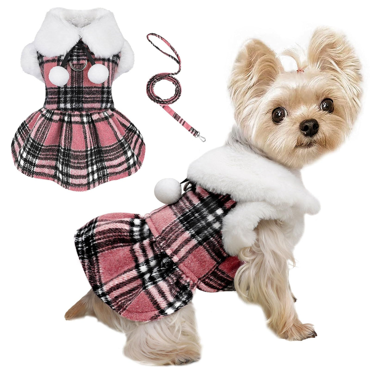 Xs Dog Sweater With Leash Set D Ring Valentine'S Day Plaid Fleece Dog Clothes For Small Dogs Girl Boy Spring Pet Dress, Cold Wea