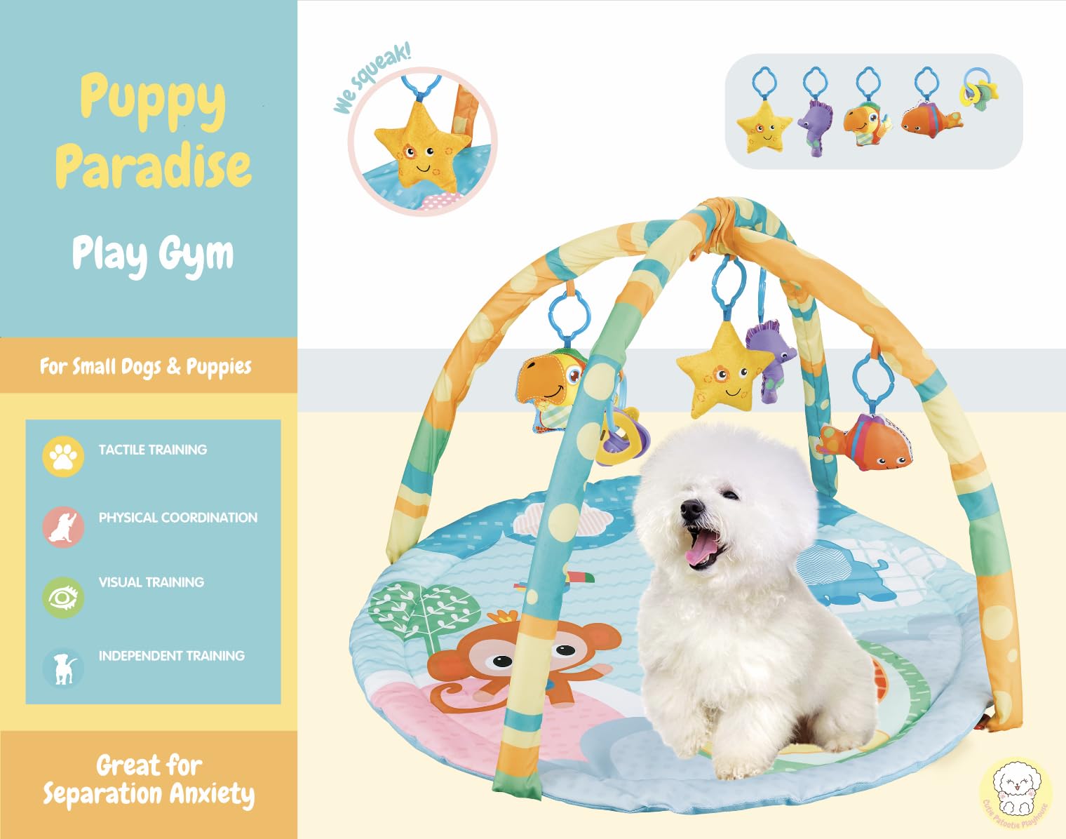 Cutie Patootie Playhouse Puppy Play Gym - Dog & Cat Activity Mat With Squeaky Toys - Interactive Sensory Mat For Pets (Suitable