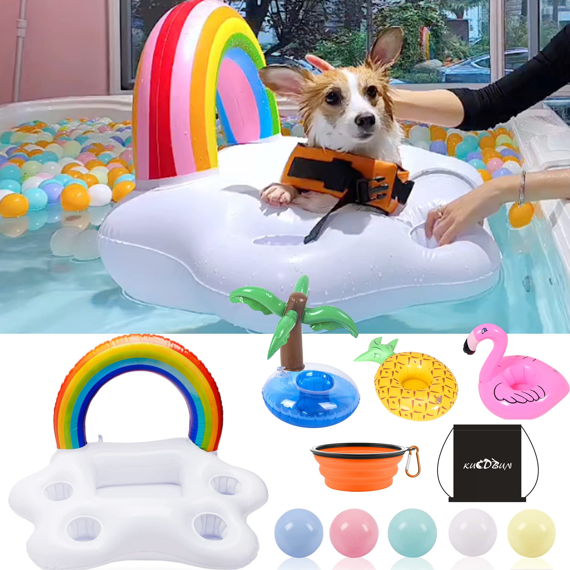 Kucdbun Dog Pool Floats Set, Dog Float Raft With Collapsible Dog Bowl, Non-Toxic Floating Dog Water Toys For Small Dog, Puppy An