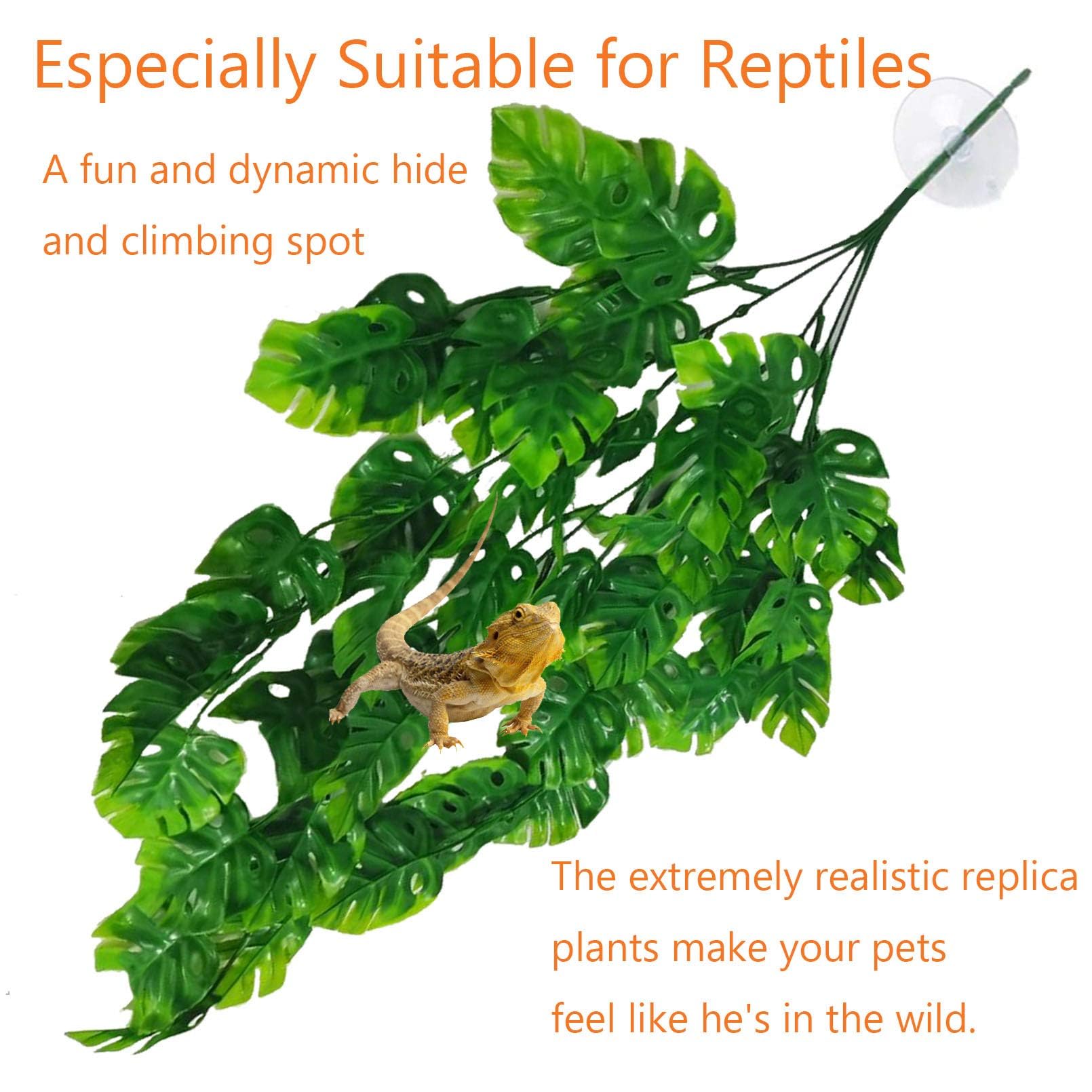 Hamiledyi Fake Plant Reptile Tank Hanging Plants with Suction Cup 3pcs Leaves Vines for Reptile Tank Bearded Dragons,Lizards,Gec