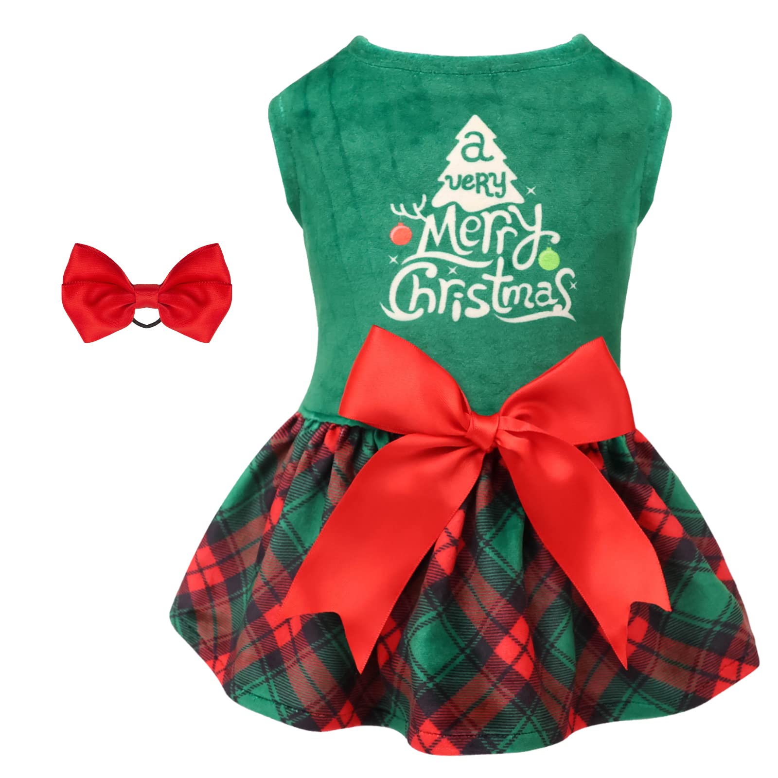 Cutebone Christmas Tree Dog Dress Velvet For Small Dogs Girl Puppy Dresses Green Plaid Dog Clothes Cva05Xxs-D