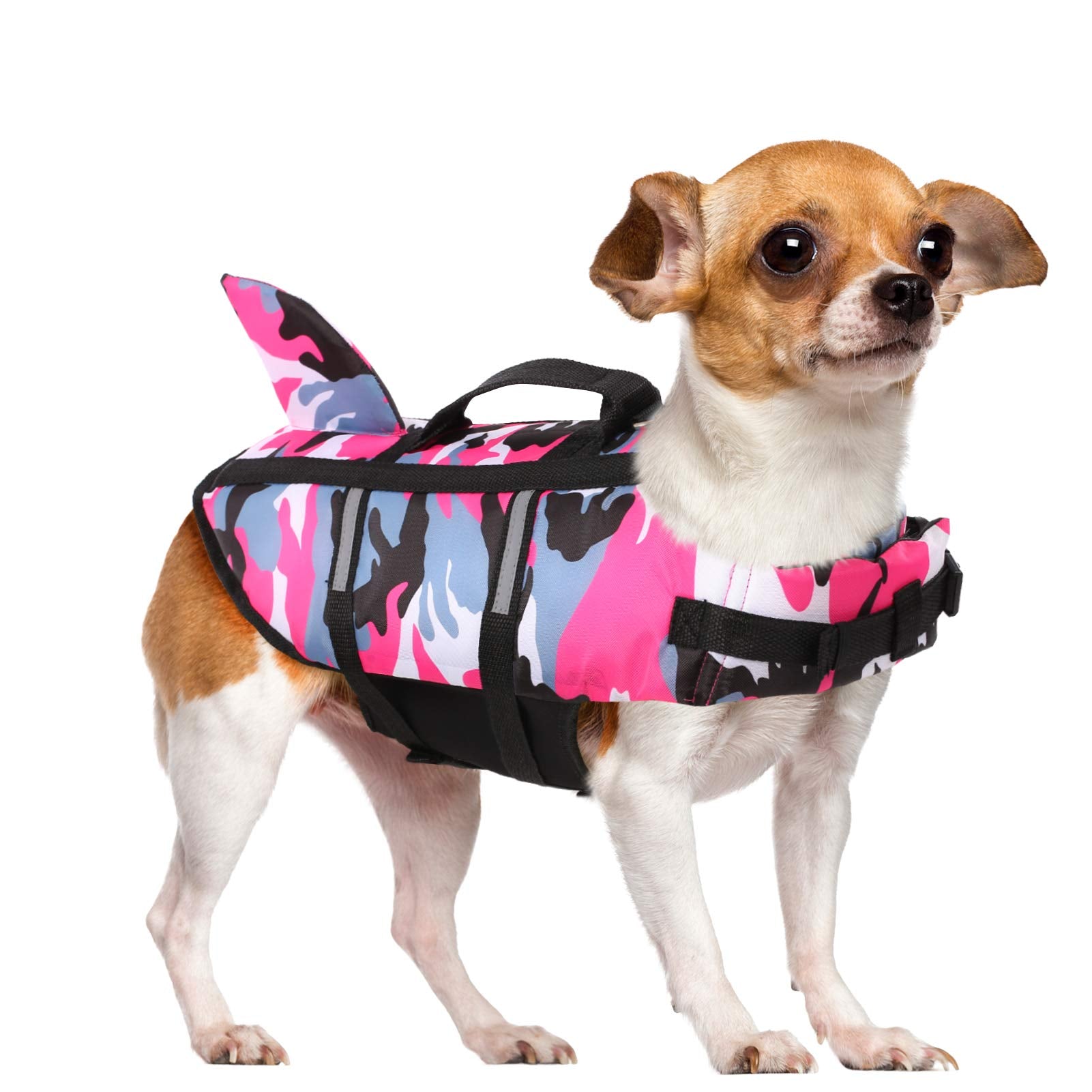 Queenmore Dog Life Jacket Pet Safety Vest High Buoyancy Camouflage Color Cute Shark with Strong Rescue Handle and Leash Ring for
