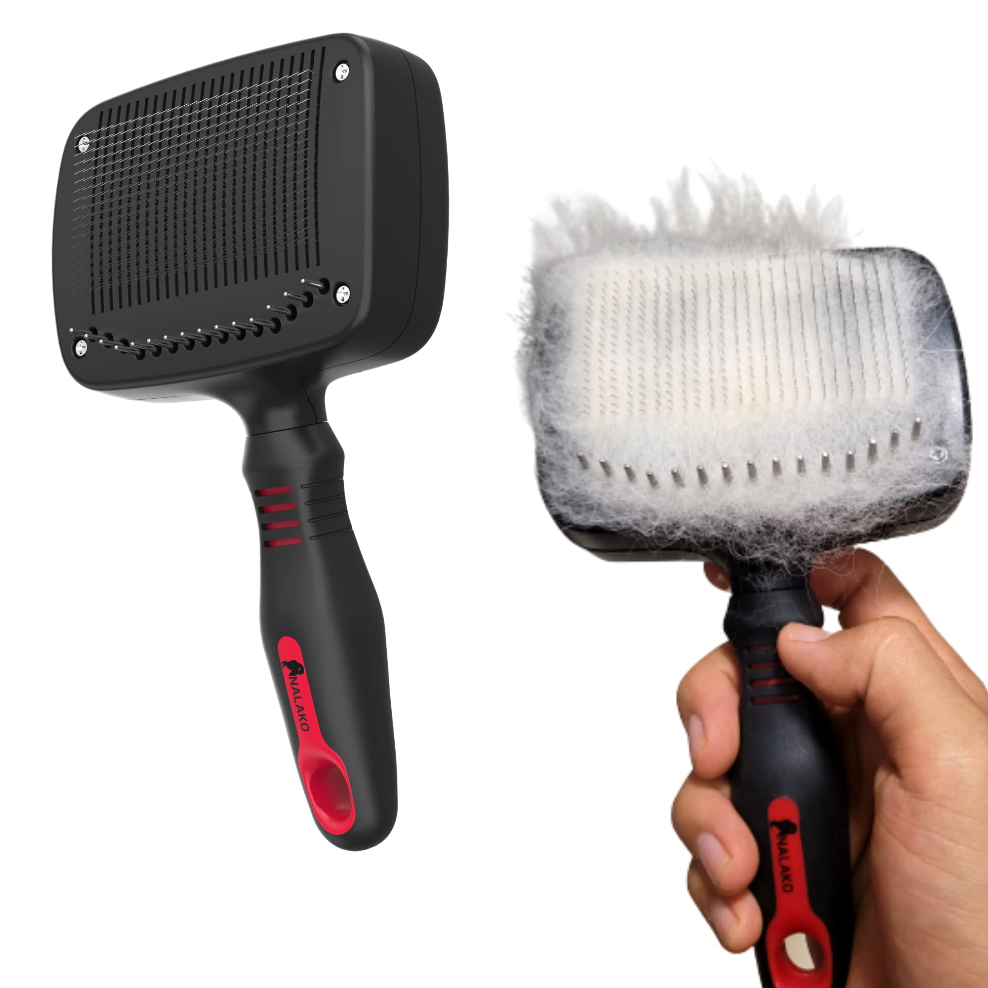 Nalako Self Cleaning Slicker Two In One Brush - Updated Button - Slicker & Undercoat Rake - Remove Shedding Dog Hair, Undercoat & Mats, For Medium & Long Haired Dogs, Great For Husky, Gsd