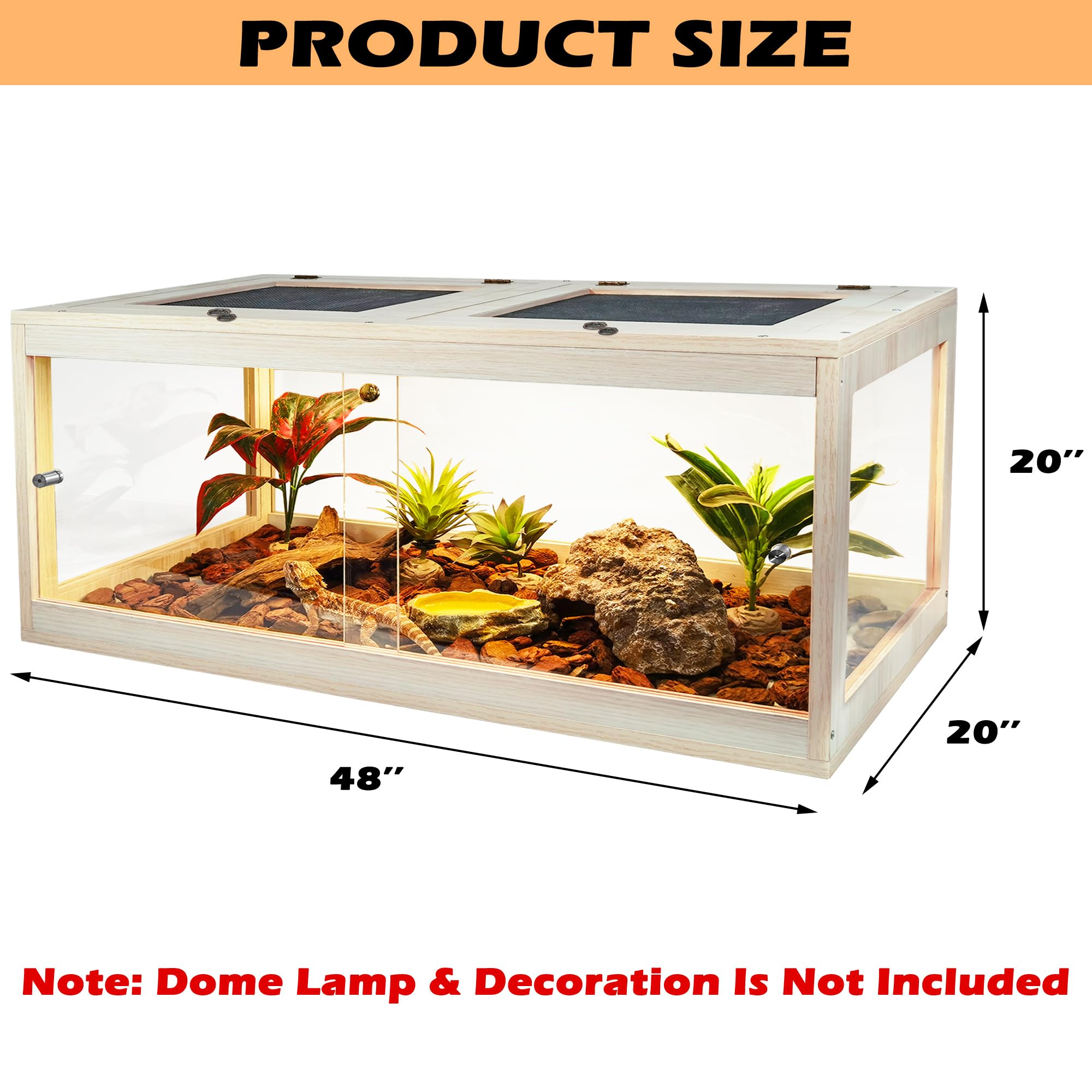 Bearded Dragon Tank 81 Gallon, Lizard Tank, Reptile Tank With Metal Mesh Roof Door, Snake Tank With Lock Design, 48'' Long, Oak