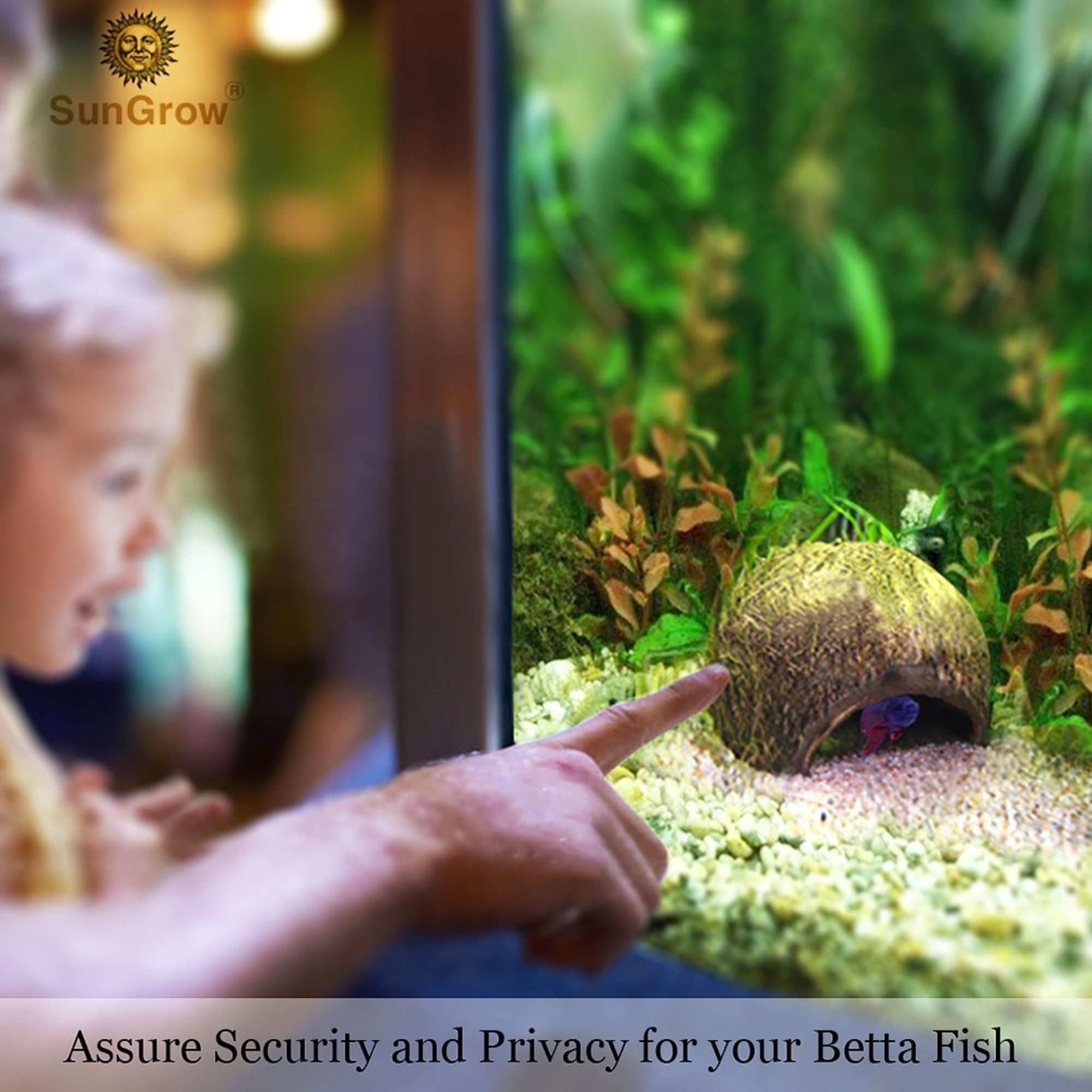 SunGrow Betta Fish Cave, Habitat Made from Coconut Shell, Soft-Textured Smooth Edged Spacious Hideout, for Resting and Breeding,