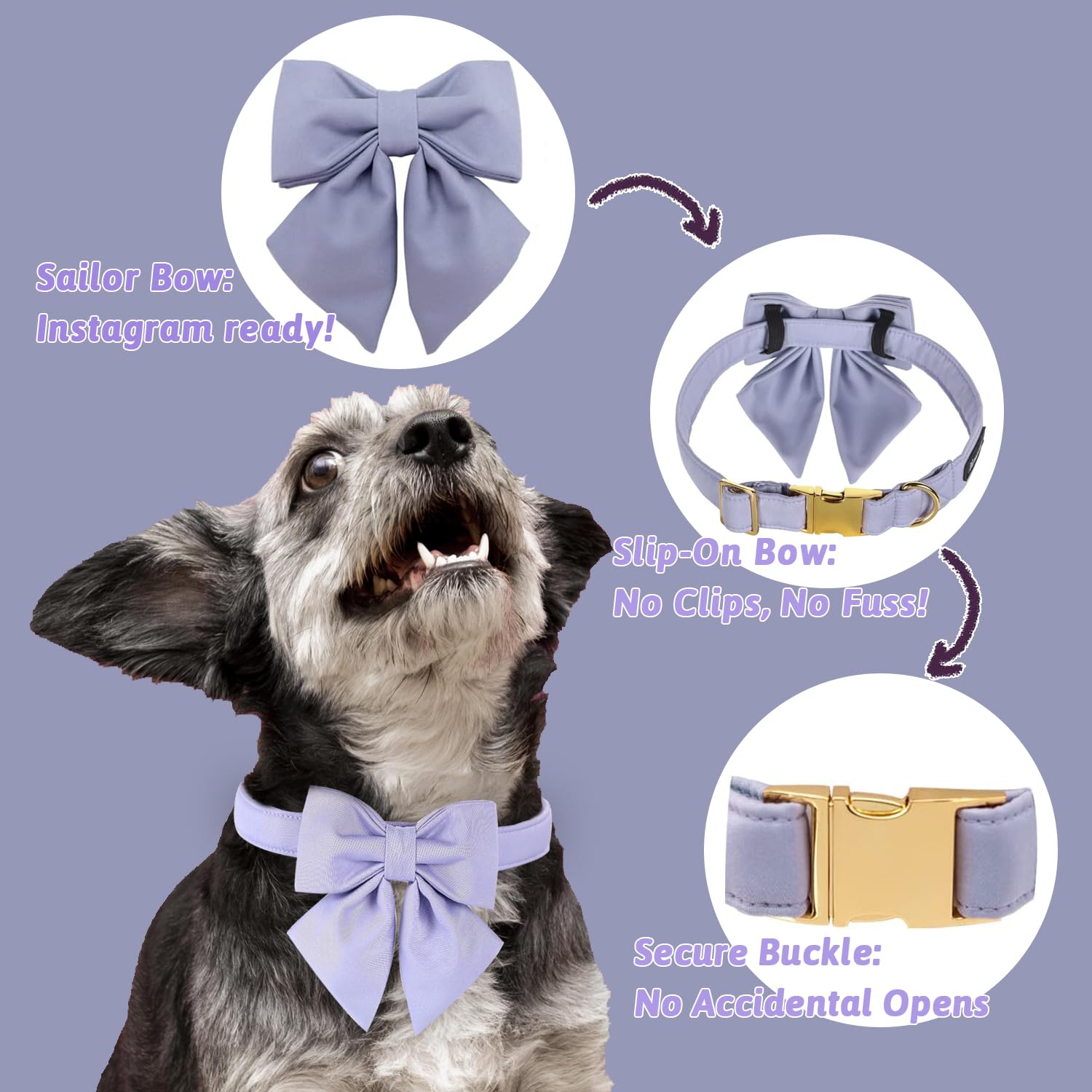 Maca Bates Dog Collar With Bow For Dogs Lavender Collars Solid Colors Sailor Bow Tie Purple Adjustable Soft Durable Breakaway Vi