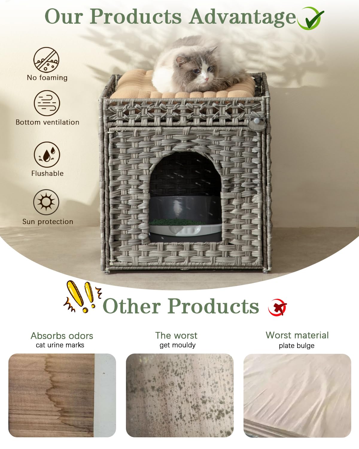 Setvson Cat Litter Enclosure With Hidden Litter Mat And Rattan Cat House, Supports Two Litter Boxes, Ideal For Living Room Or Be