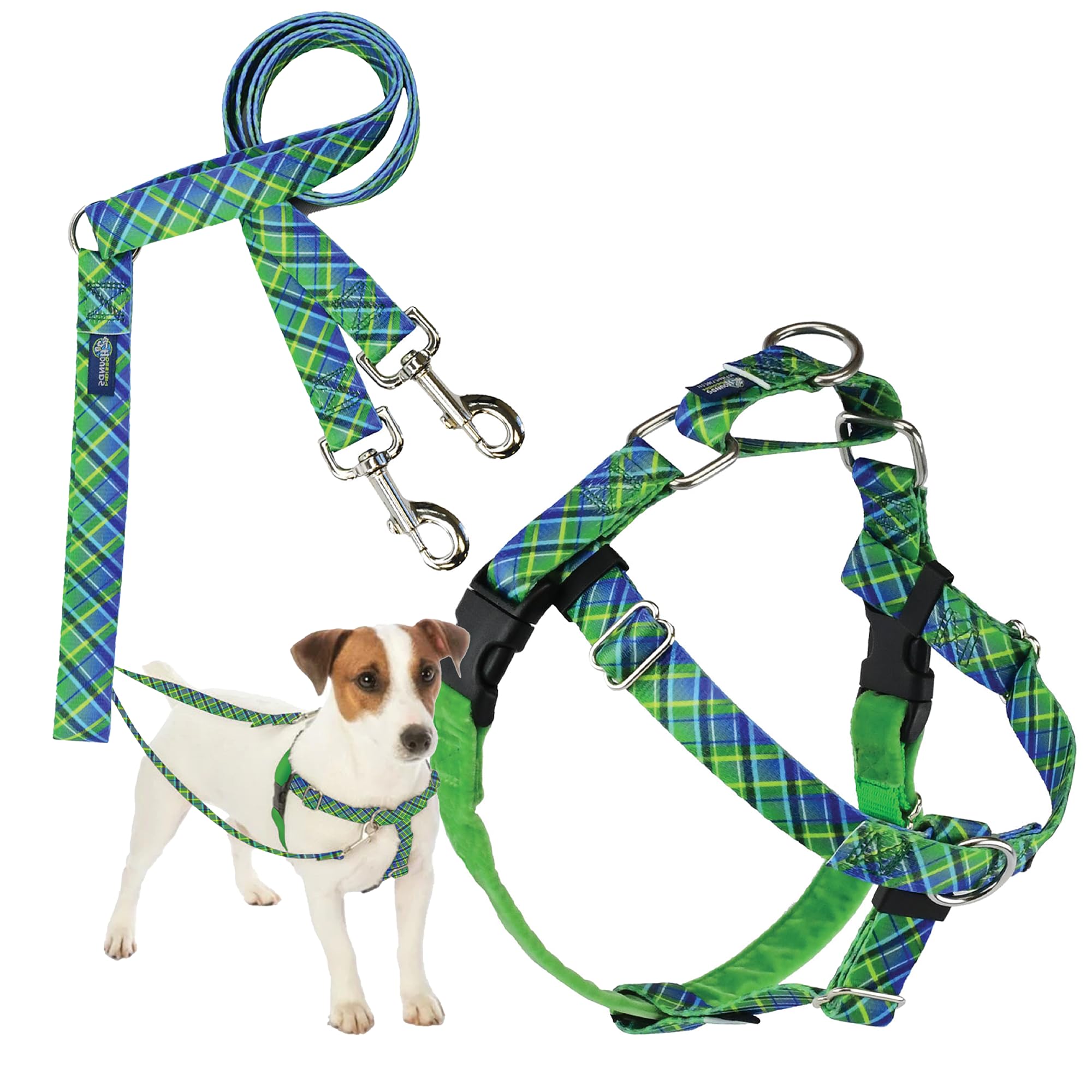2 Hounds Design - Freedom No-Pull Harness & Training Leash In Green And Blue | Dual Leash Loops, No Pulling On Walks | Lined To 