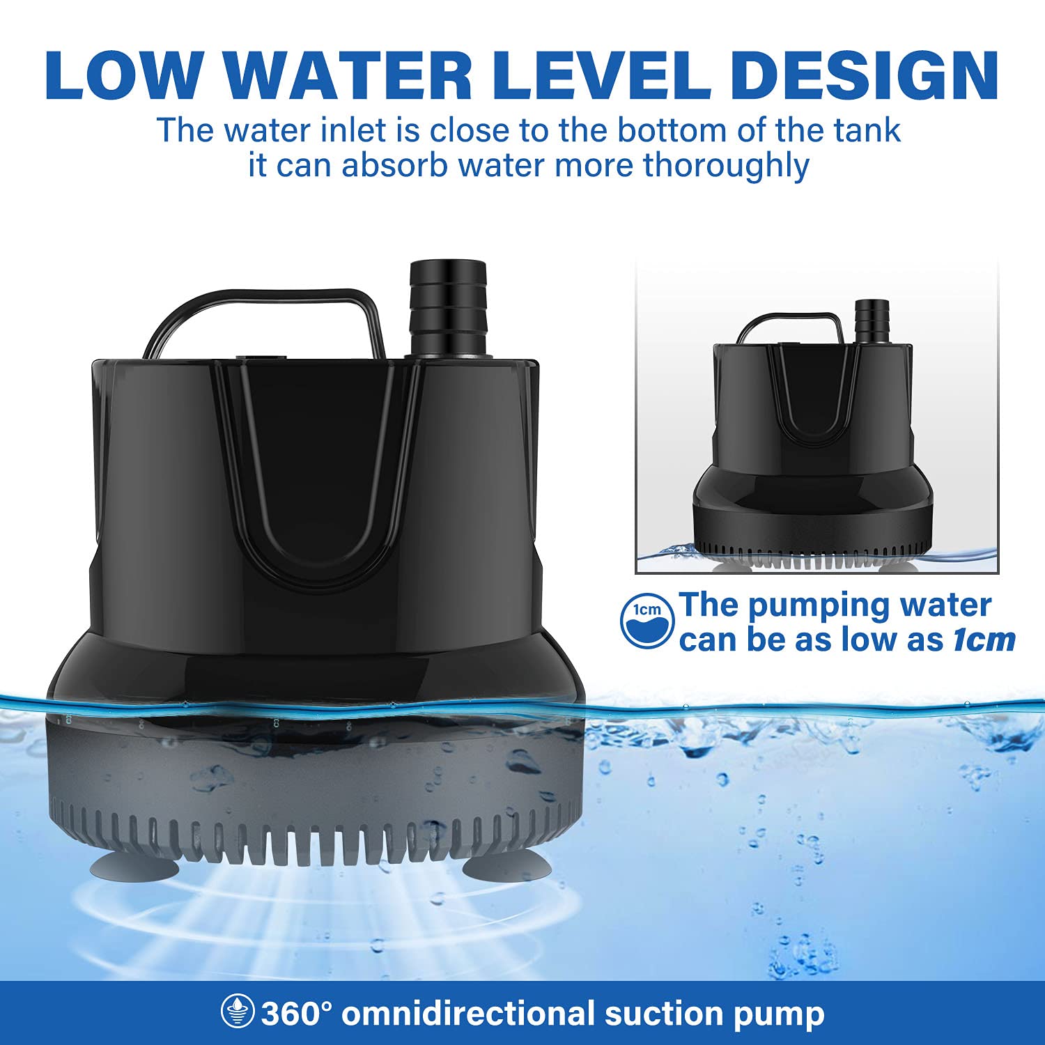 Simple Deluxe 1056Gph Bottom Suction Submersible Water Pump (4000L/H, 85W) With 13Ft High Lift 3 Nozzles For Fish Tank, Pond, Aquarium, Hydroponics, Black