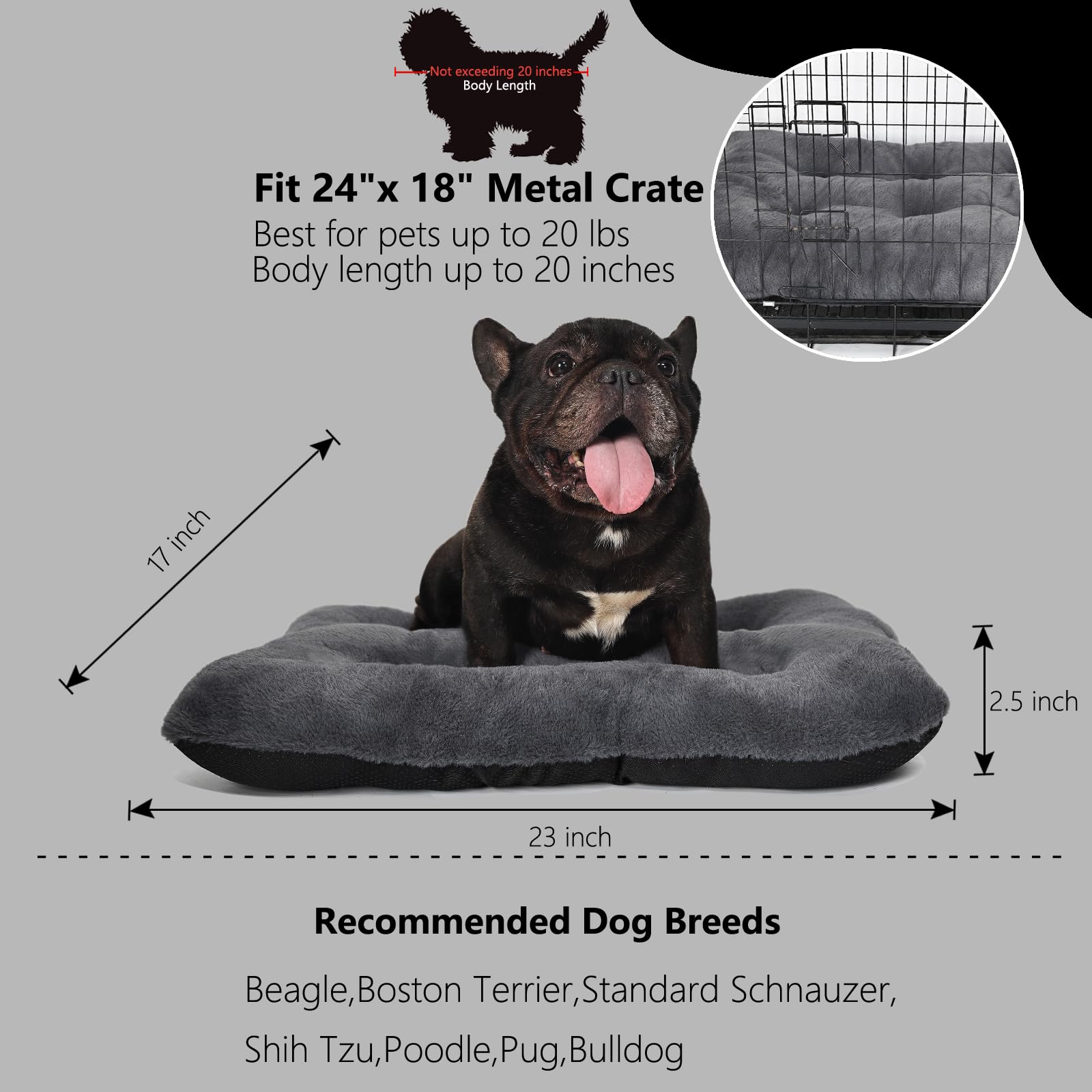 24 Inch Dog Bed For Crate Washable Extra Soft Small Dog Bed Pillow With Zipper Fit Small Breed Pets,Crate Pad 24 X 18 Inch With
