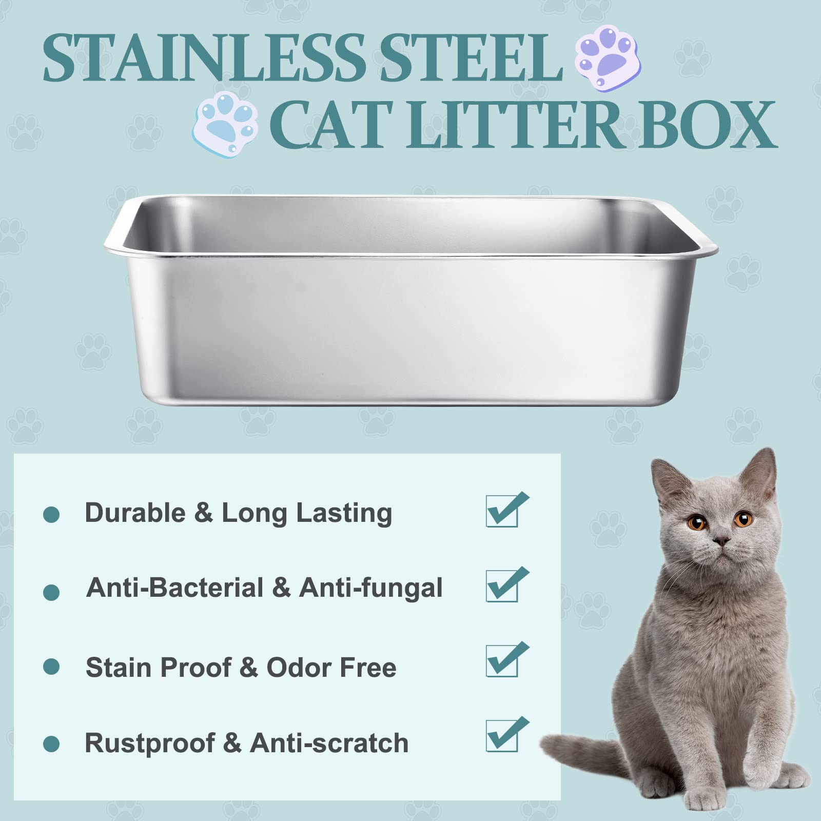 Gerrii 3 Packs Extra Large Stainless Steel Litter Box for Cat with High Sides, Non Stick Smooth Surface, Easy to Clean for Cat B