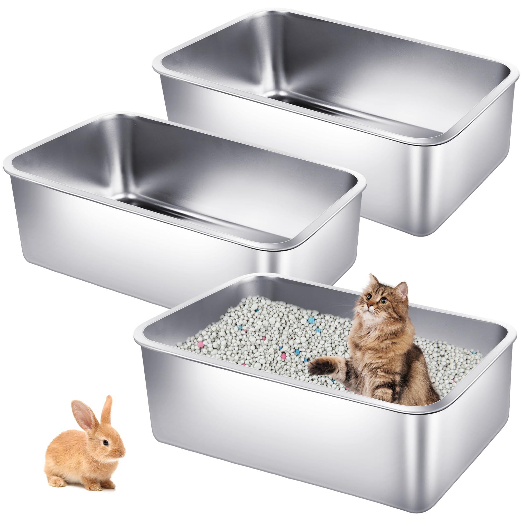 Phepetroll 3 Pack Stainless Steel Cat Litter Boxes 23.6''L X 15.7''W X 5.9''H Extra Large Metal Litter Boxes With High Side Stur