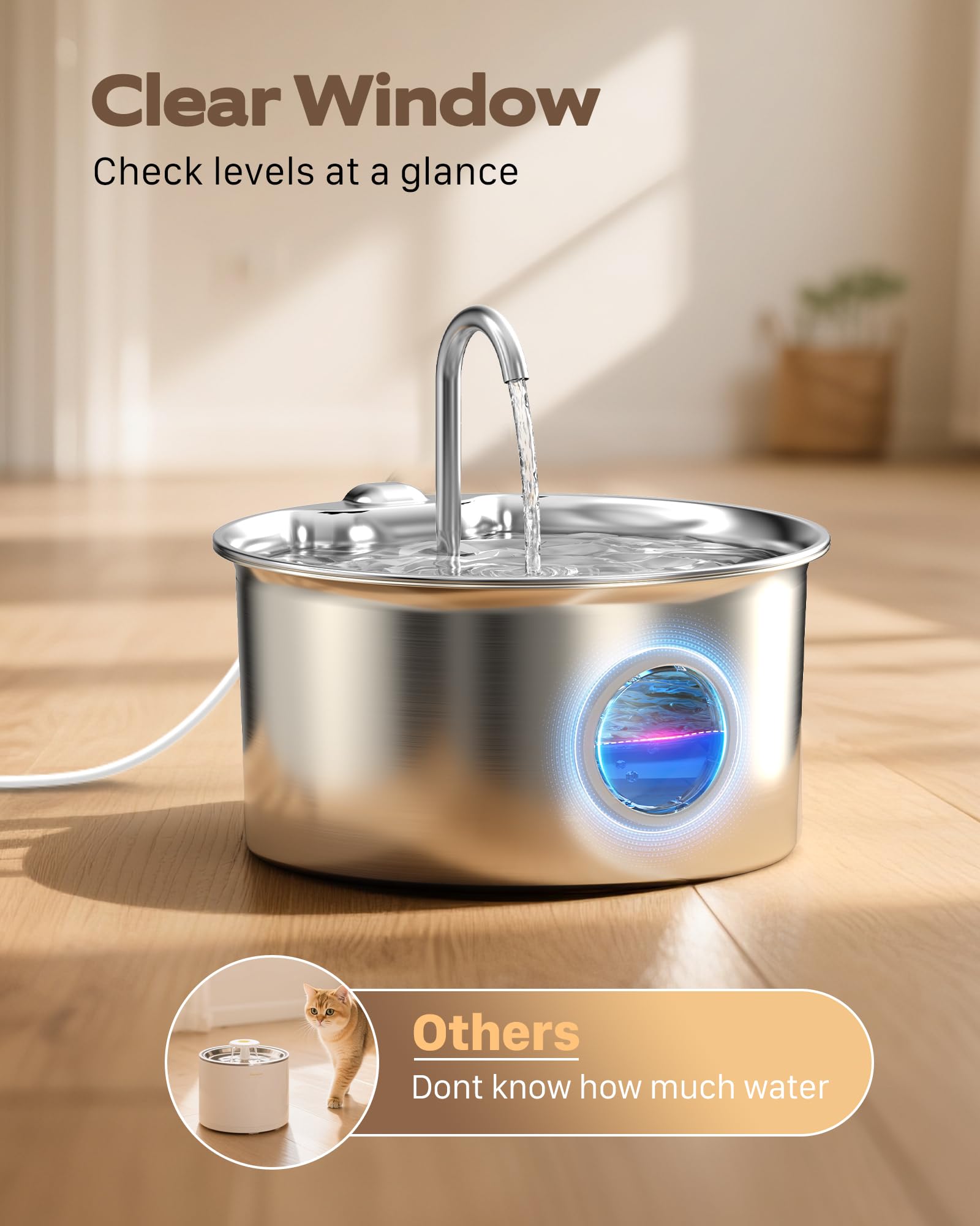 Cat Water Fountain Stainless Steel: Cat Fountain for Drinking - 88oz/2.6L Pet Water Fountain for Cats Indoor - Quiet Cats Water
