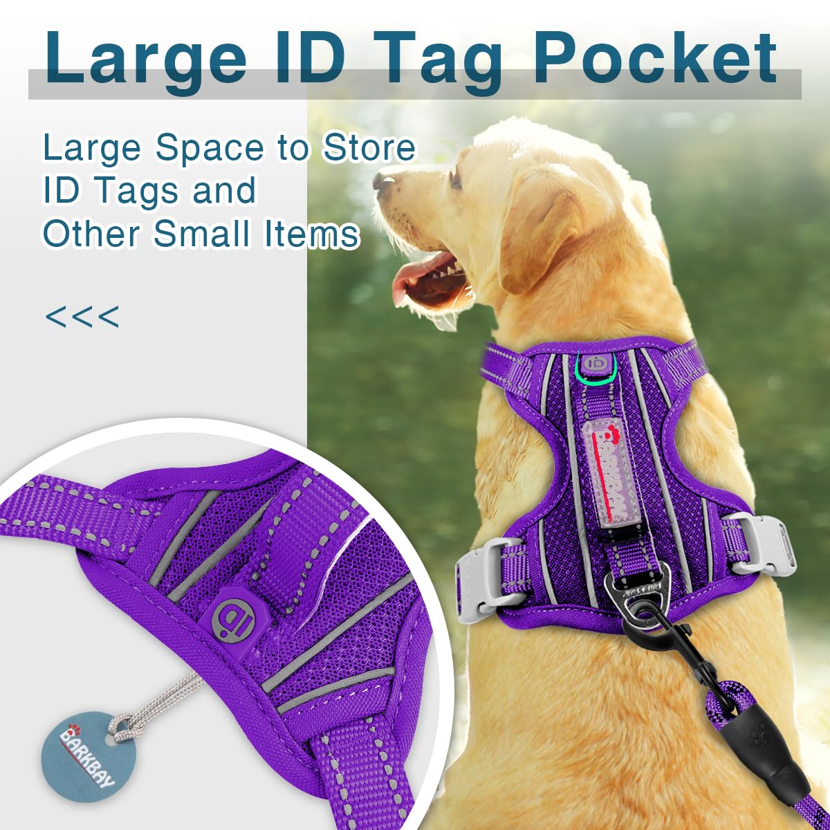 Barkbay Dog Harness No Pull With Id Tag Pocket - Heavy Duty, Reflective, Easy Control For Large Dogs (Purple,Xl)