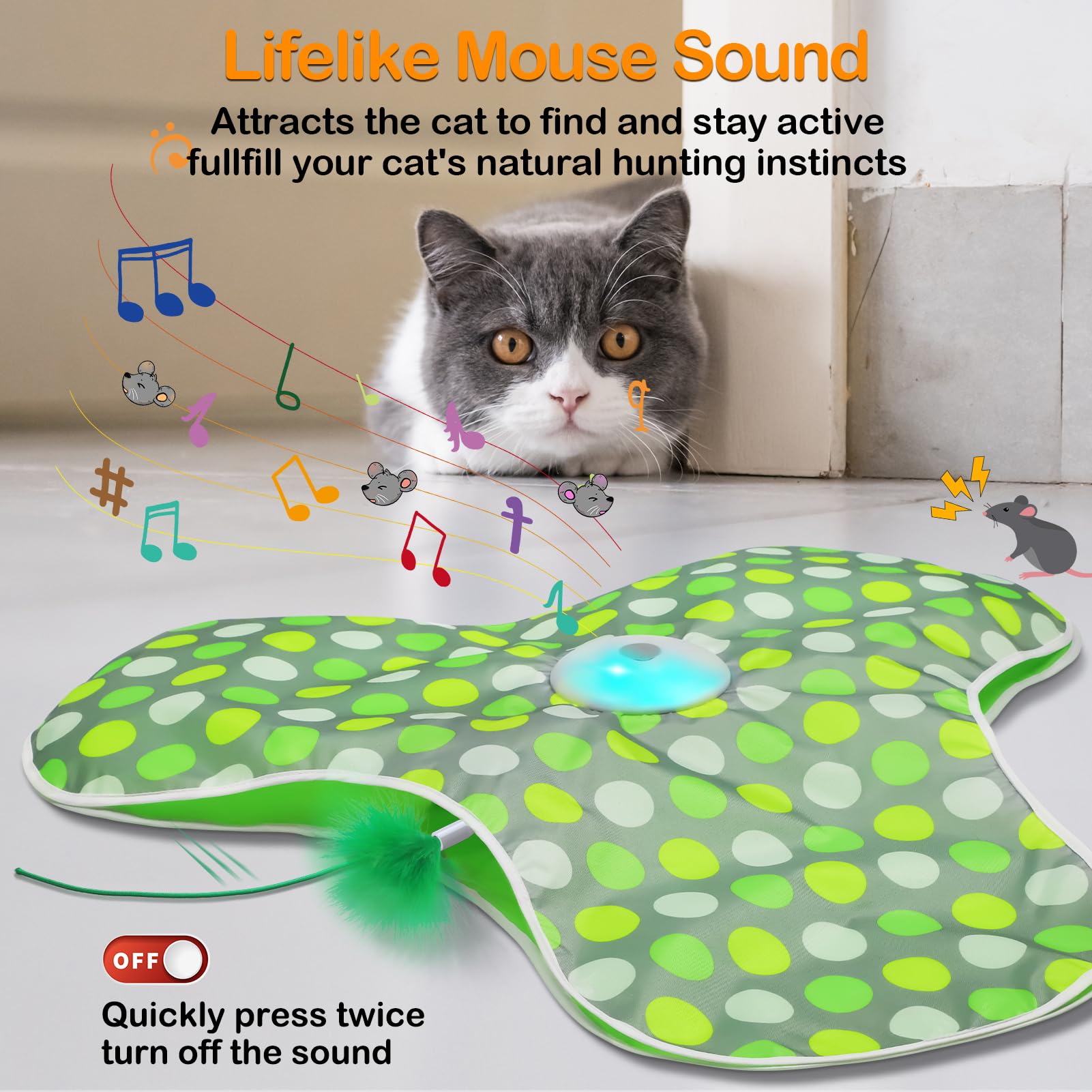 Umosis Interactive Cat Toys Rechargeable,Moving Concealed Feathers,Real Mouse Squeaky,Touch Activated Cat Kitten Toy Exercise To