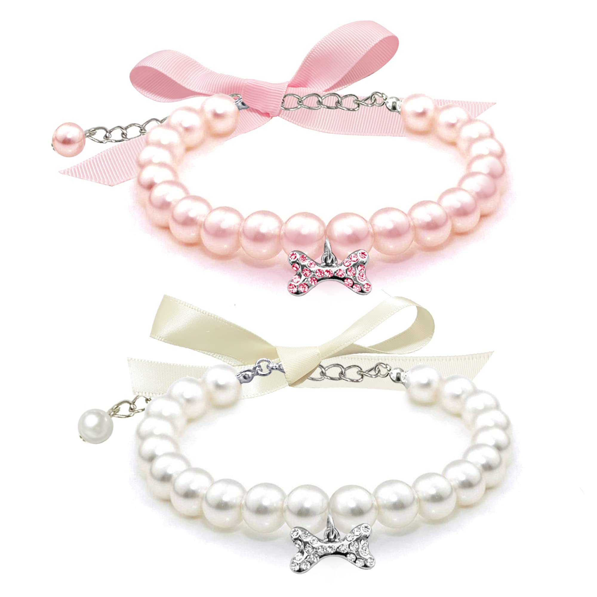 Casidoxi 2 Pcs Dog Cat Pearl Collar Necklace With Rhinestone Bone, Fancy Cat Wedding Collar Jewelry For Girl Cat Puppy Dogs Accessories(Pink+White)