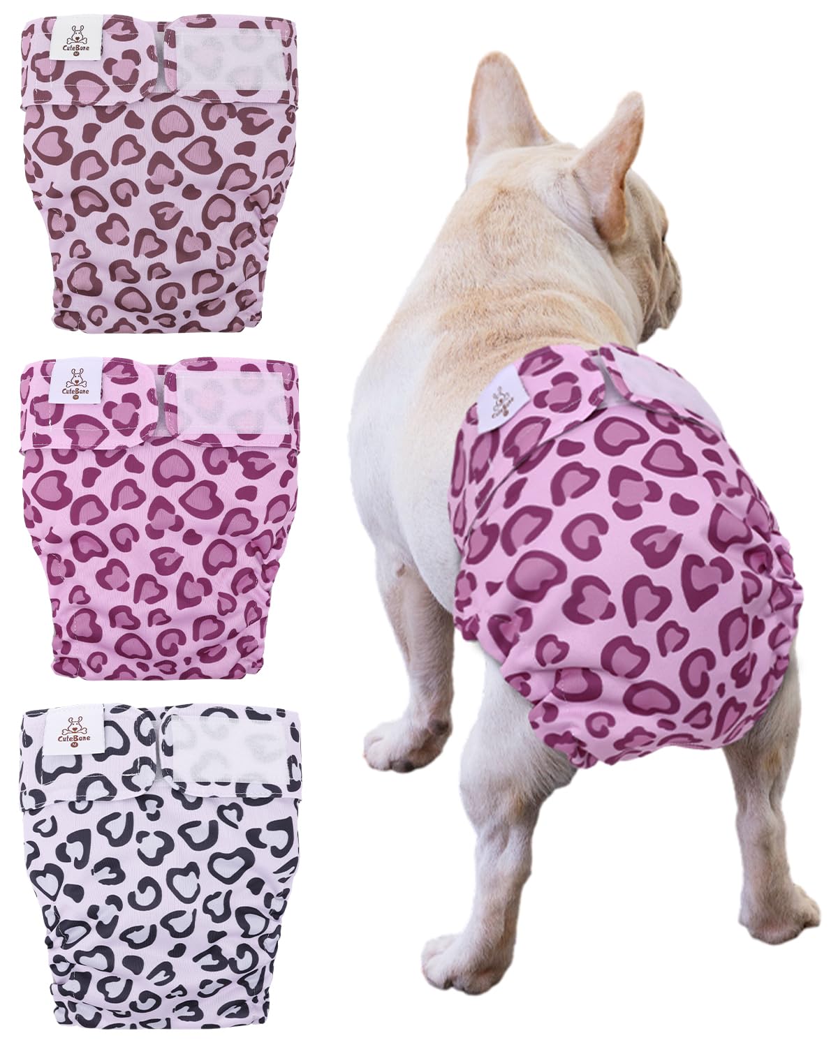 Cutebone Washable Dog Diapers Female No Tail Hole 3 Pack Reusable Doggie Period Training Pants For Docked-Tail Frenchie French Bulldog Boston Terrier Without Tail Wwd18M