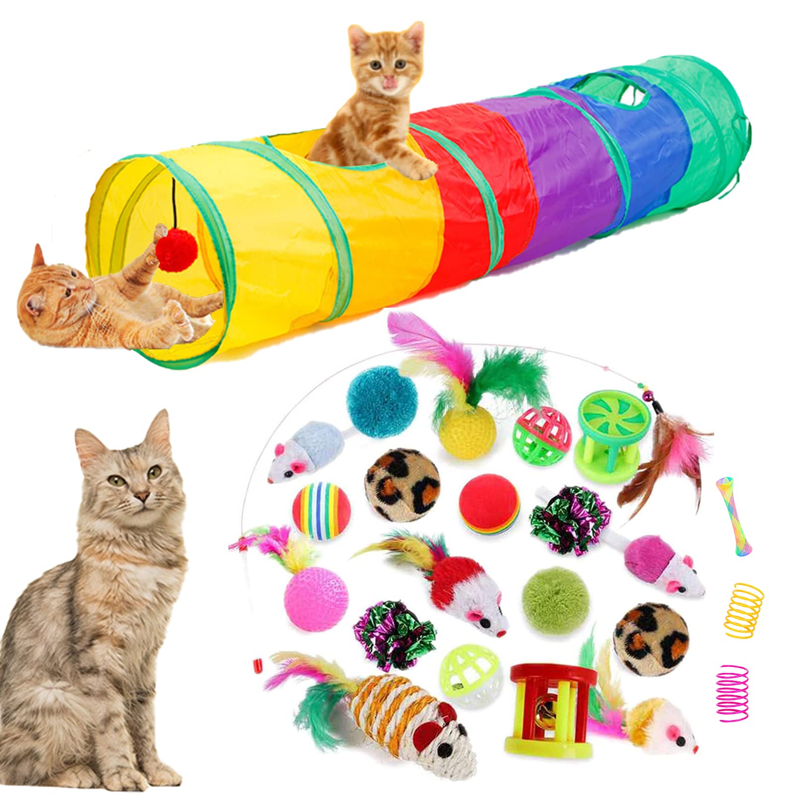 32Pcs Cat Toys Kitten Interactive Pet Toys Assortments, Foldable Rainbow Tunnel, Cat Feather Teaser Wand Interactive Feather Toy